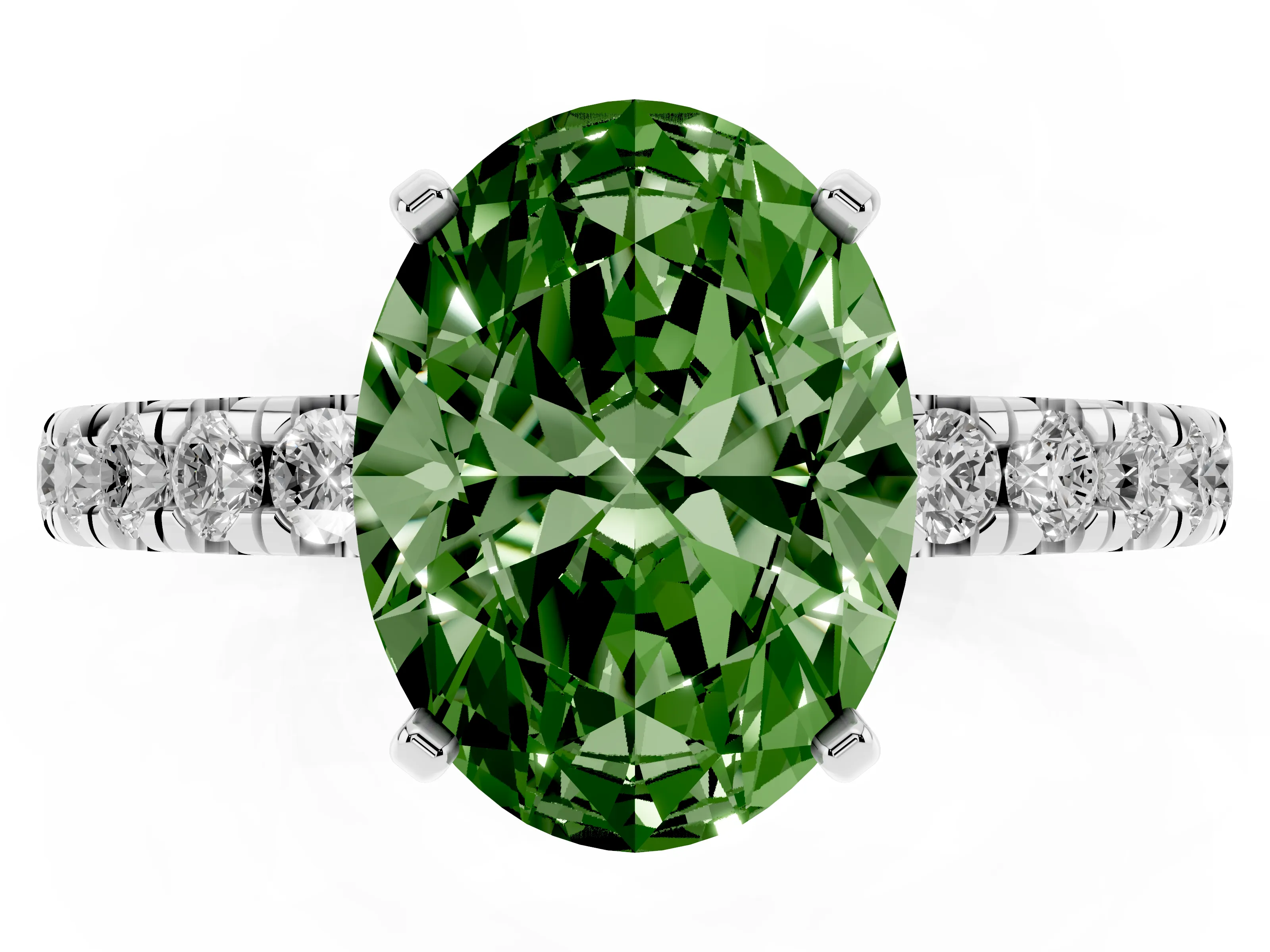 Fancy Green Oval Cut Diamond Pavé Solitaire Ring Set in Silver with Round Band and Prong Setting