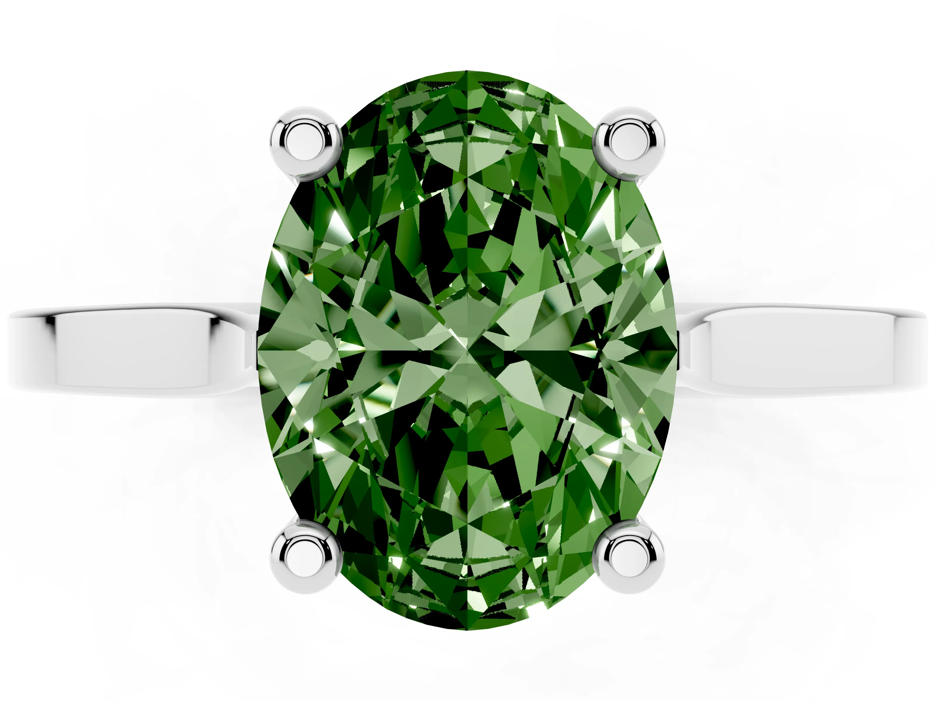 Fancy Green Oval Cut Diamond Solitaire Ring Set in Platinum with Prong Setting and Tapered Band