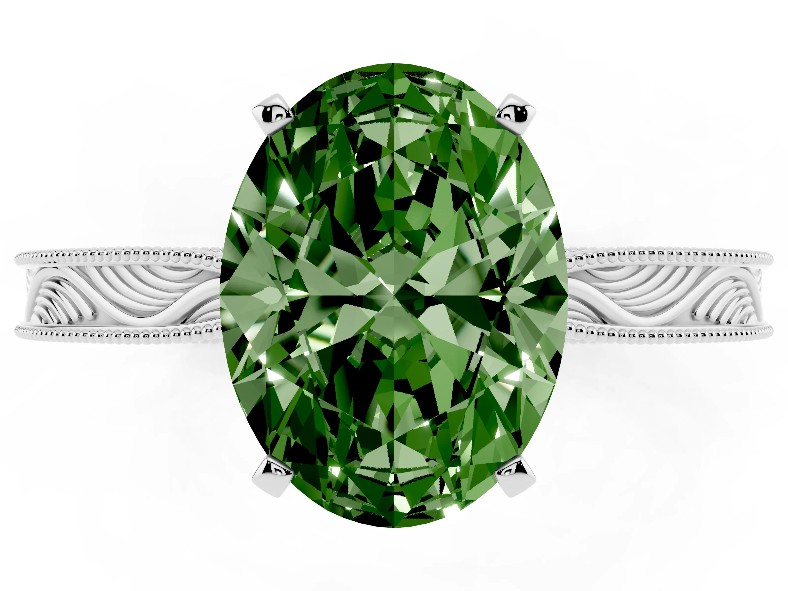 Fancy Green Oval Cut Diamond Solitaire Milgrain Engraved Band Set in White gold with Prong Setting