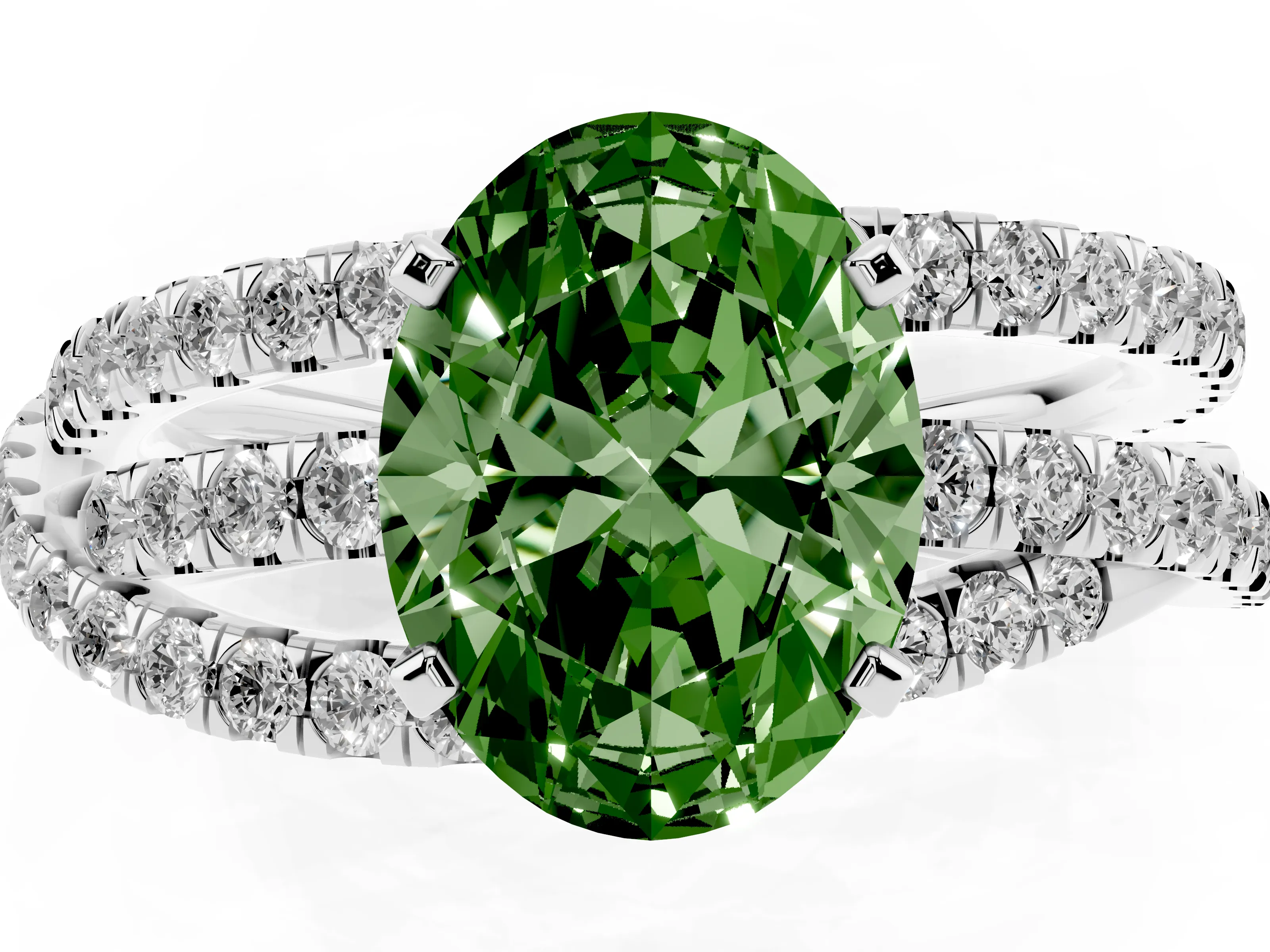 Fancy Green Oval Cut Diamond Solitaire Twist Band Ring Set in Platinum with Pavé Setting and Prong Head