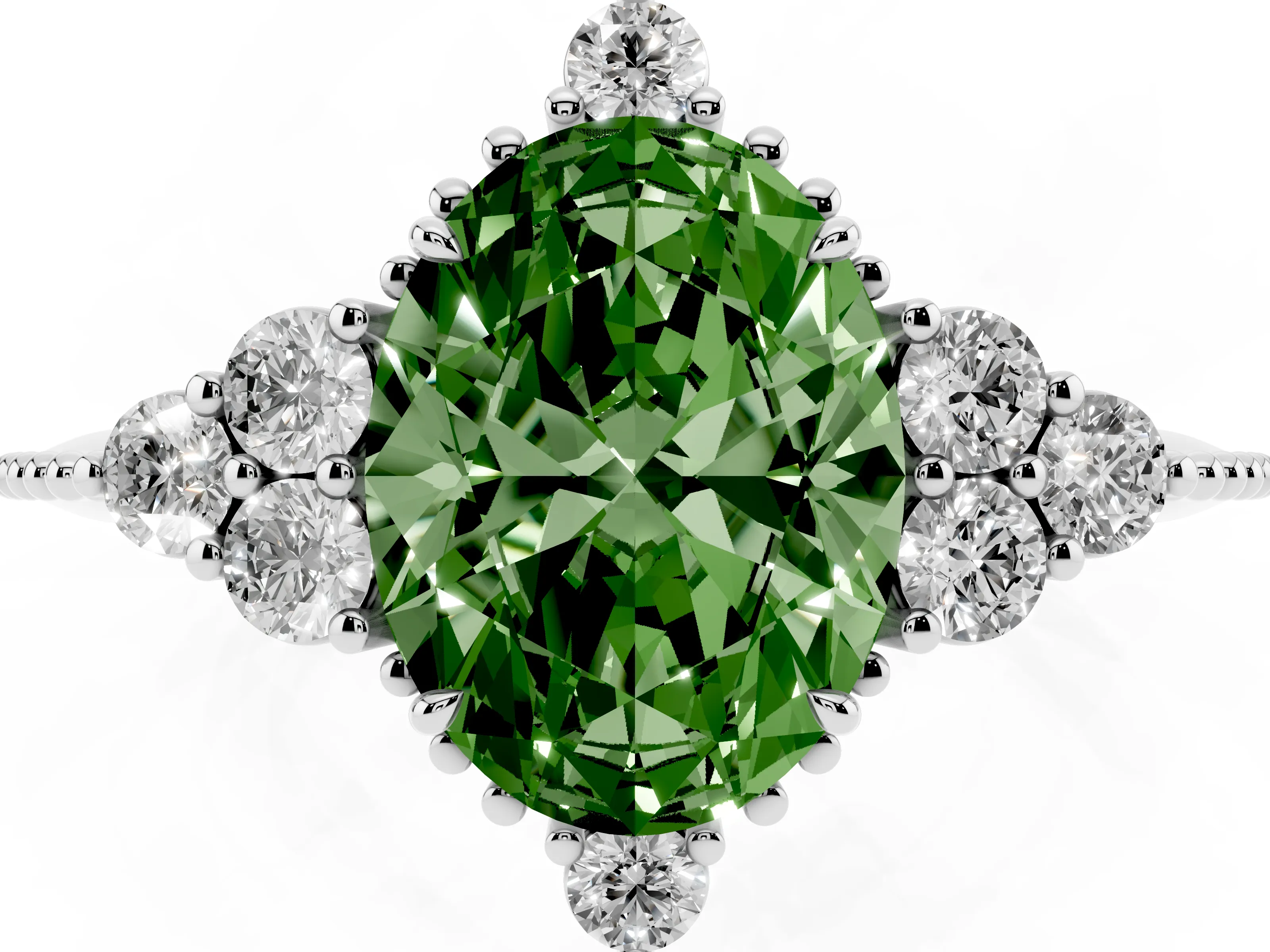 Fancy Green Oval Cut Diamond Cluster Ring Set in Silver with Beaded Band