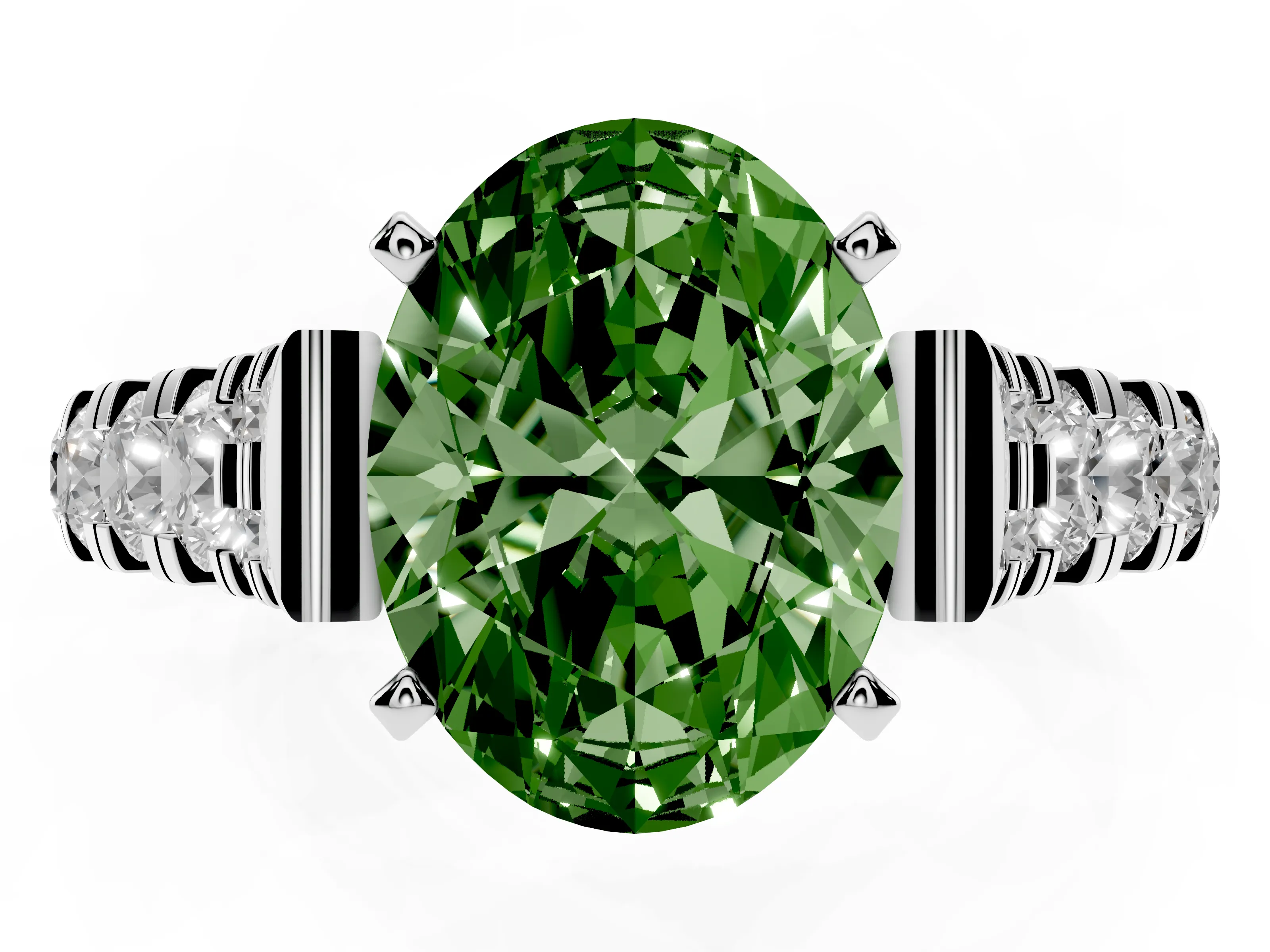 Fancy Green Oval Cut Diamond Classic Solitaire Ring Set in Platinum with Pavé Band and Prong Setting
