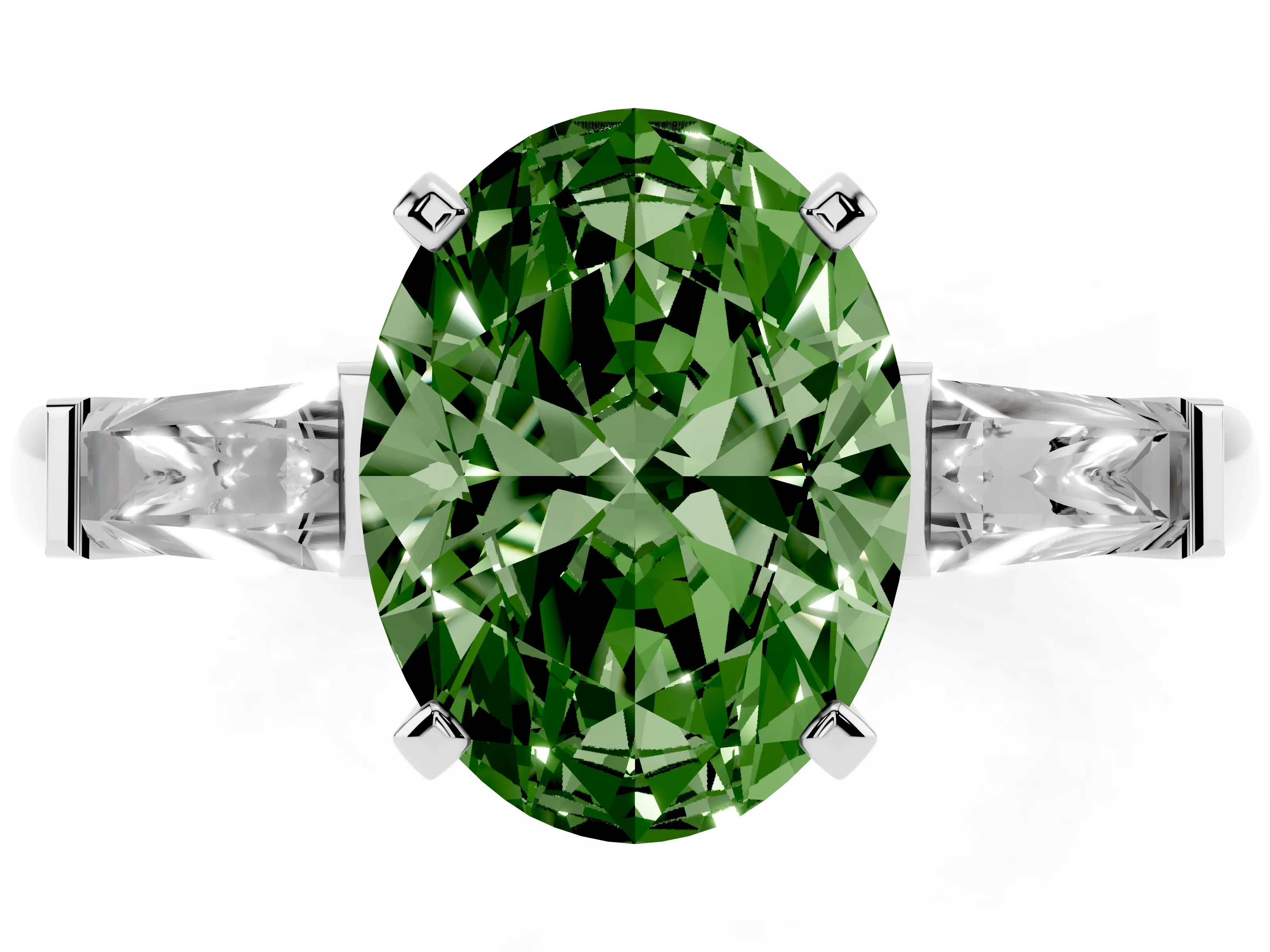 Fancy Green Oval Cut Diamond Solitaire Ring Set in Platinum with Tapered Baguette Side Stones and Prong Setting