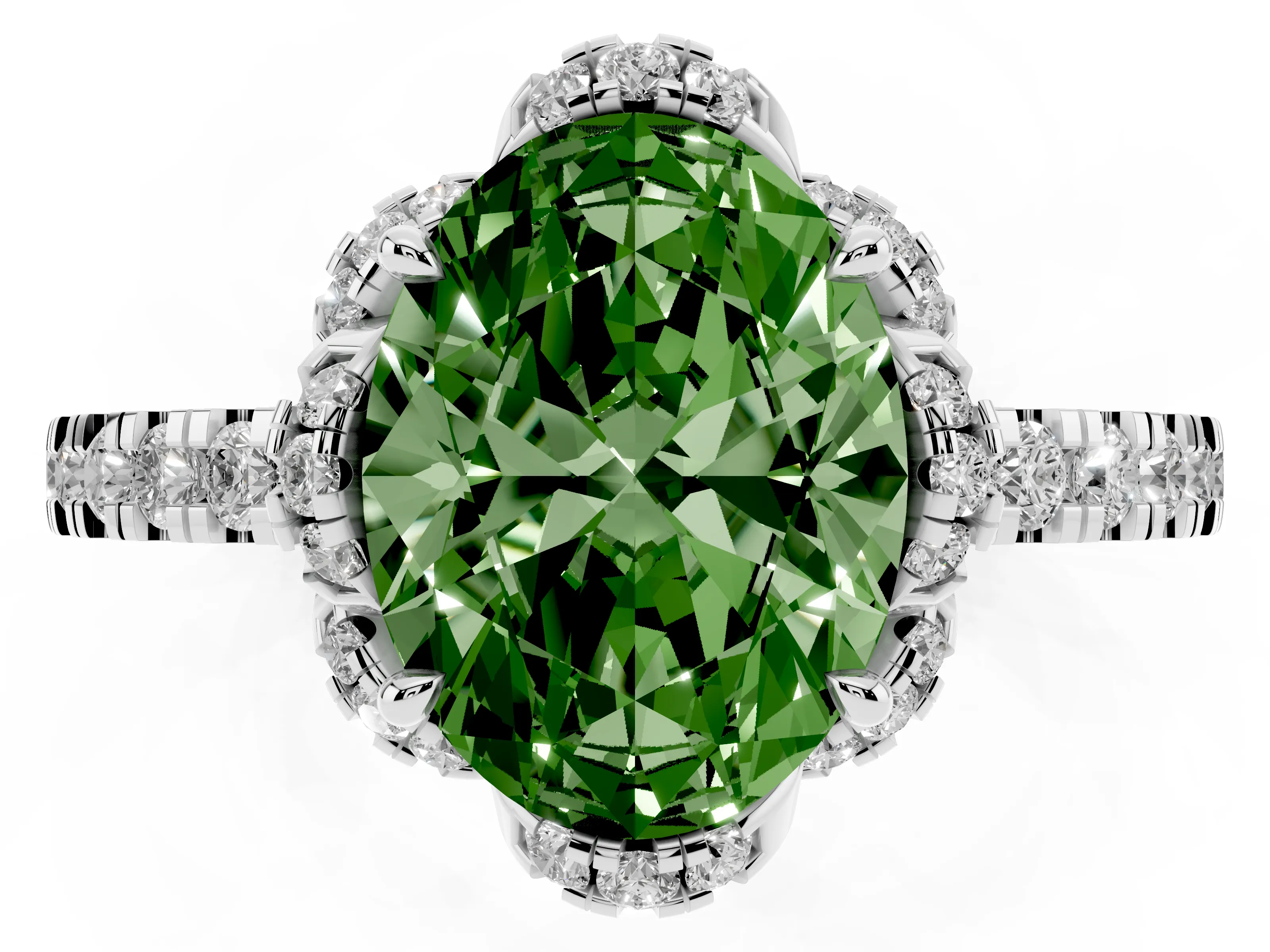 Fancy Green Oval Cut Diamond Halo Pavé Band Ring Set in White gold with Prong-Held Center