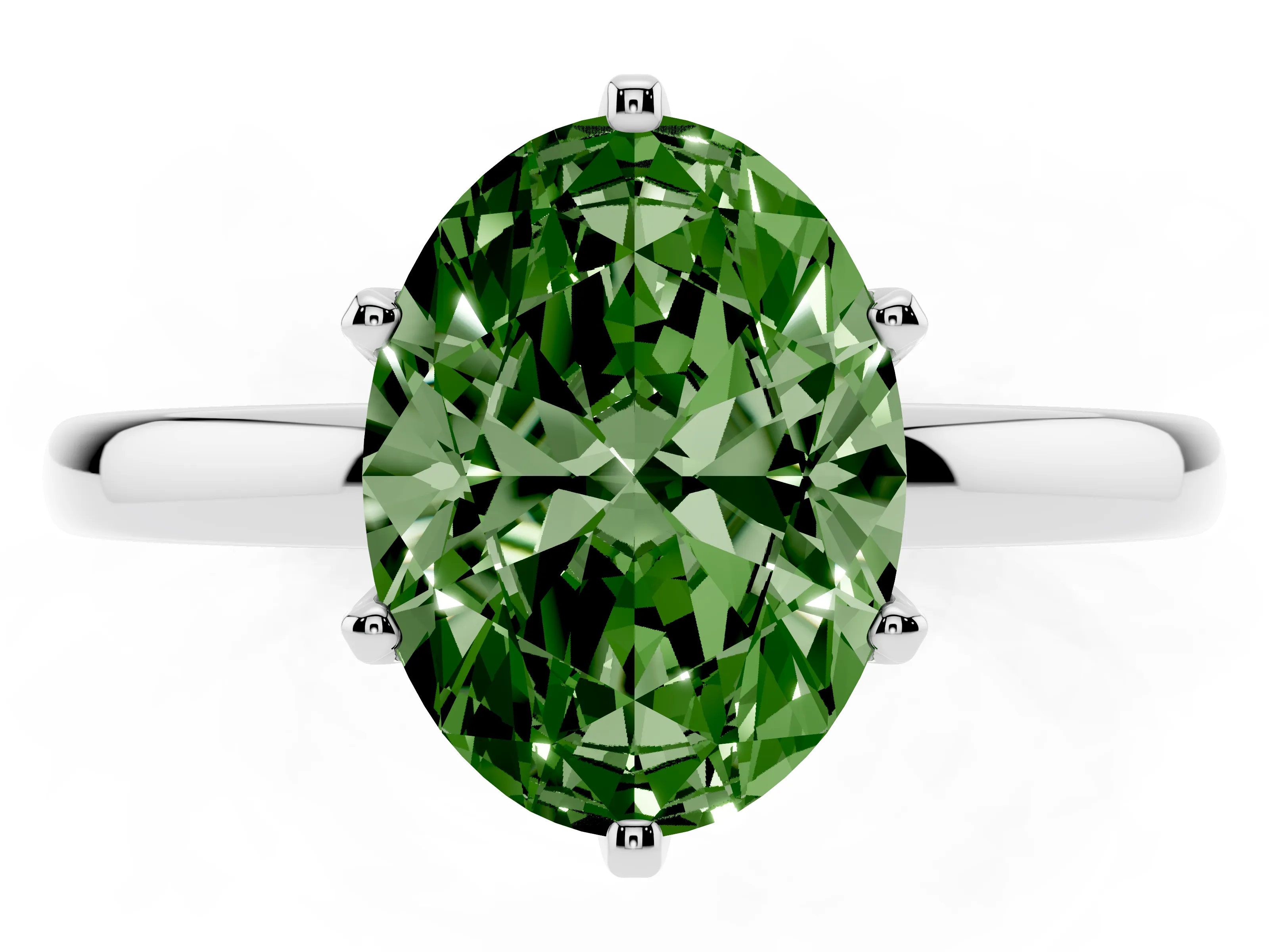 Fancy Green Oval Cut Diamond Solitaire Ring Set in White gold with Raised Prong Setting on a Classic Band