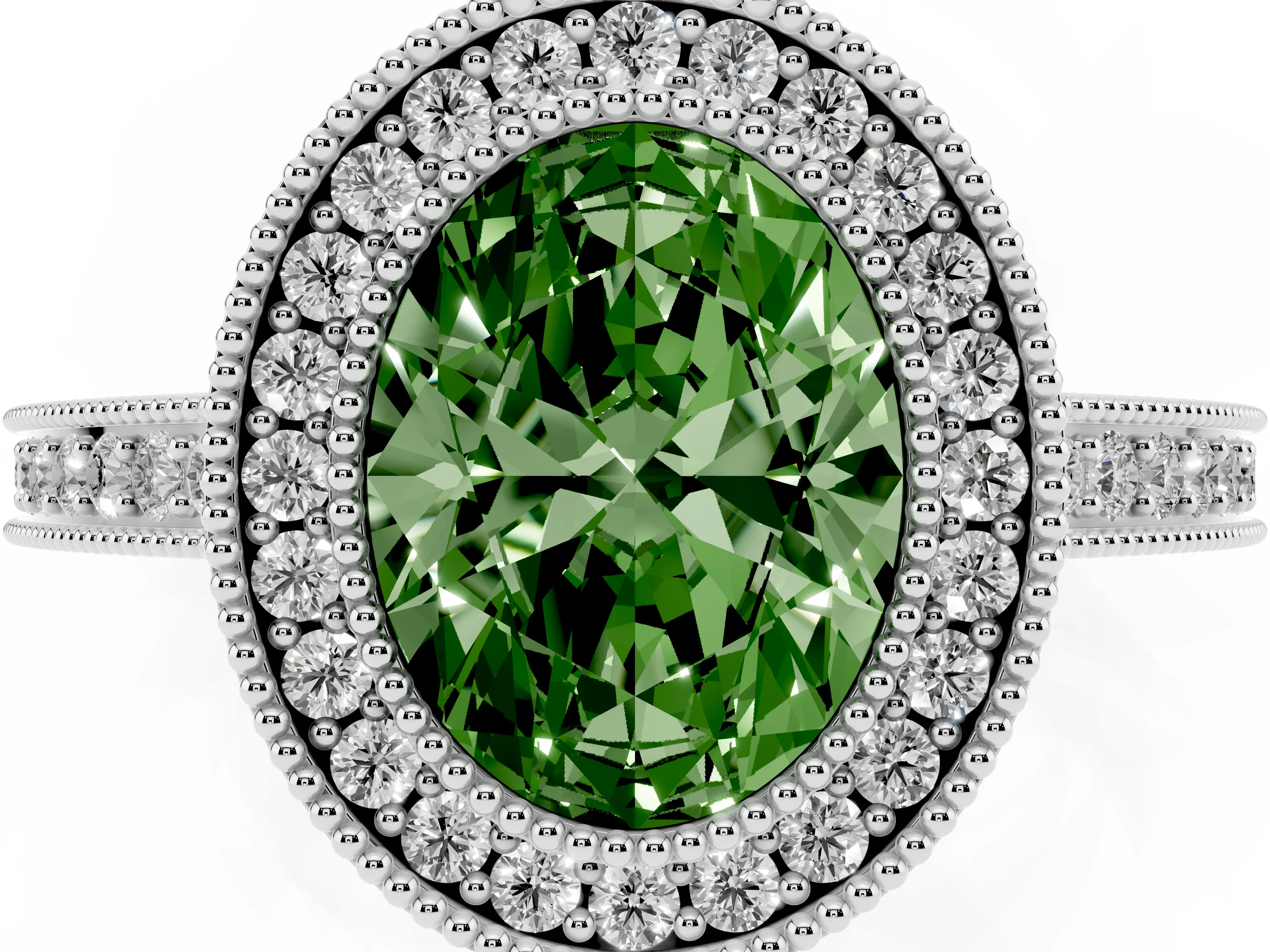Fancy Green Oval Cut Diamond Round Halo Ring Set in White gold with Pavé Band