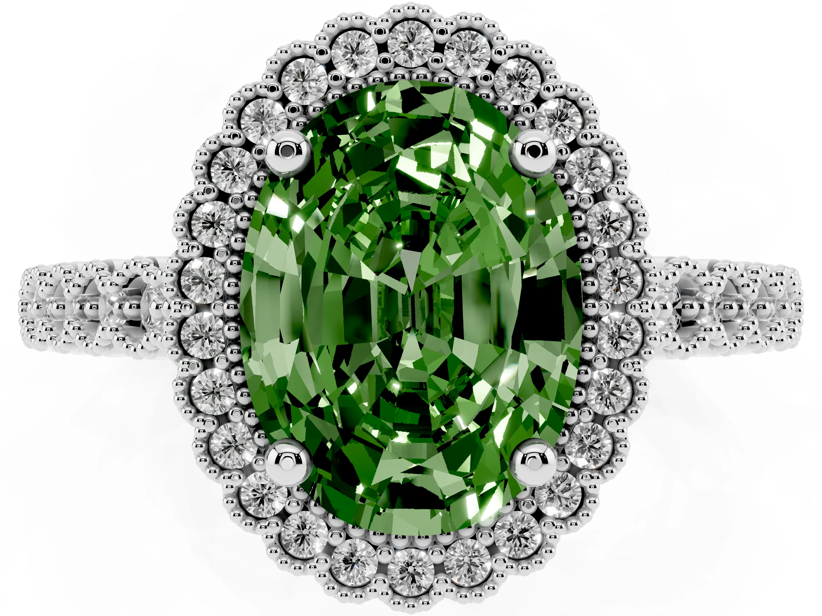 Fancy Green Oval Cut Diamond Halo Ring Set in Silver with Pavé Milgrain Band