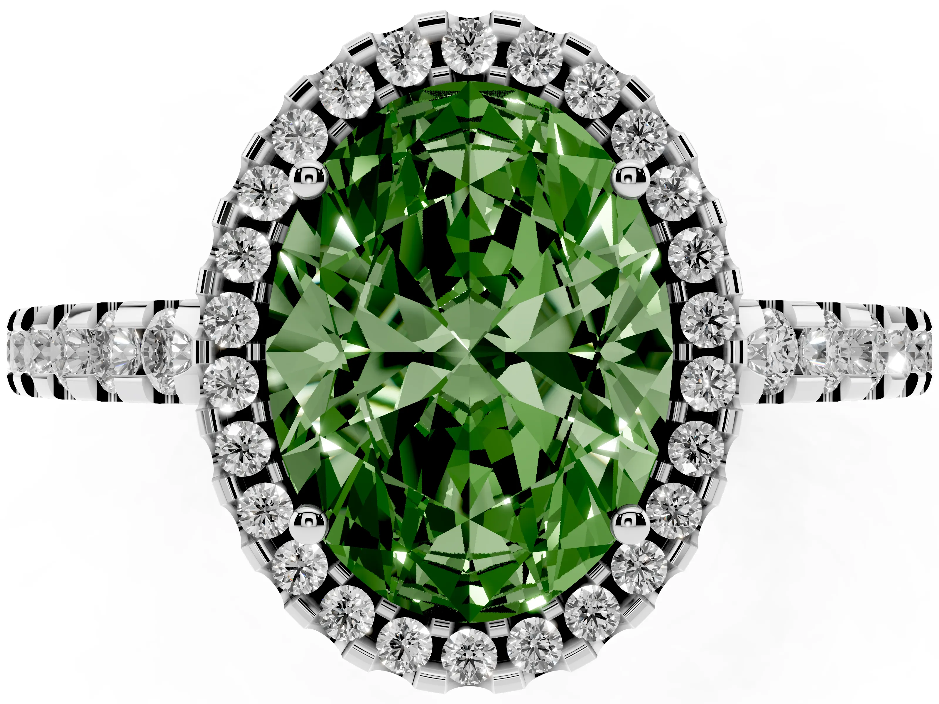 Fancy Green Oval Cut Diamond Halo Ring Set in White gold with Pavé Shoulders and Halo-Framed Center