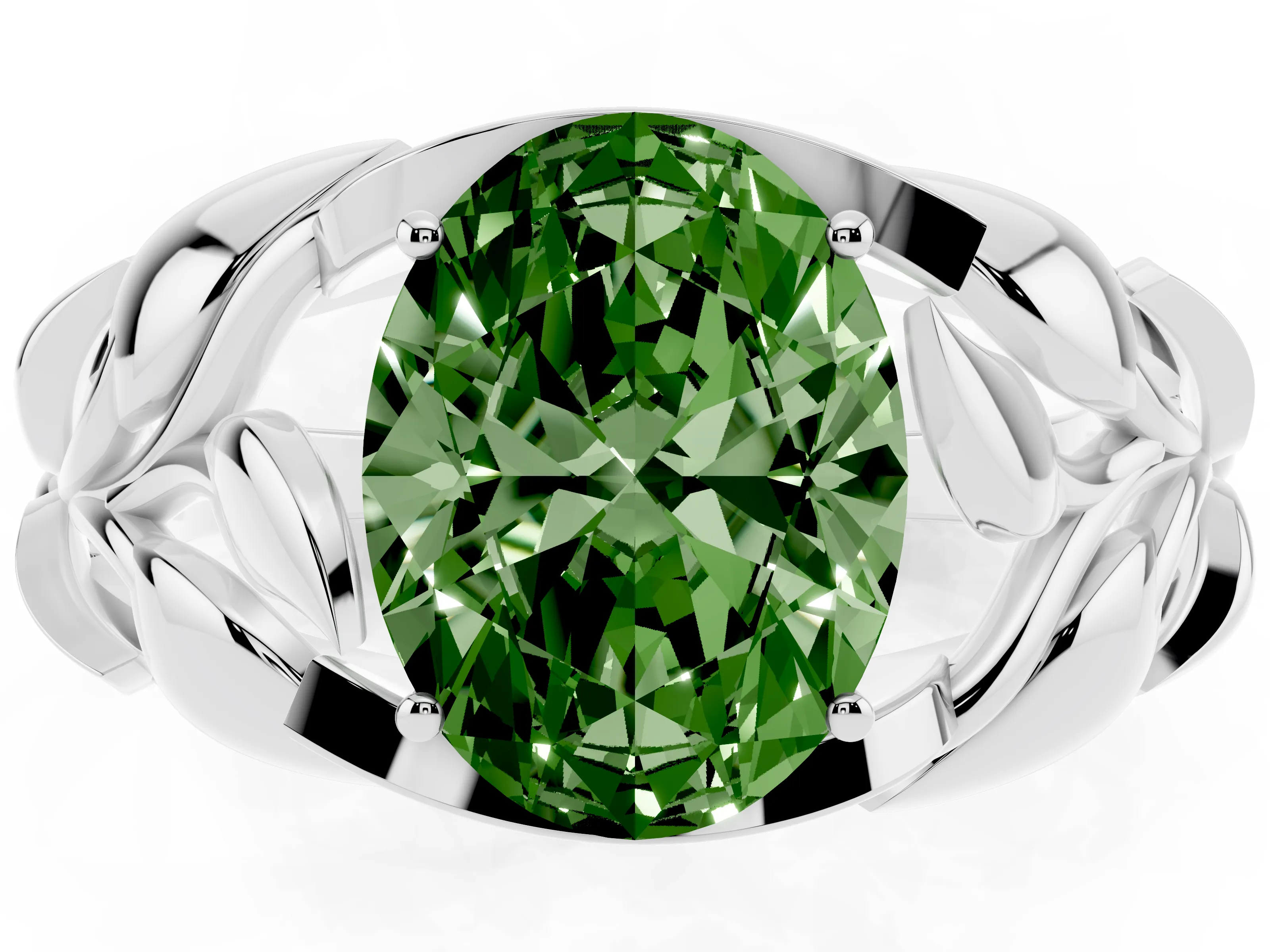 Fancy Green Oval Cut Diamond Leaf-Inspired Engagement Ring Set in White gold with Round Accents