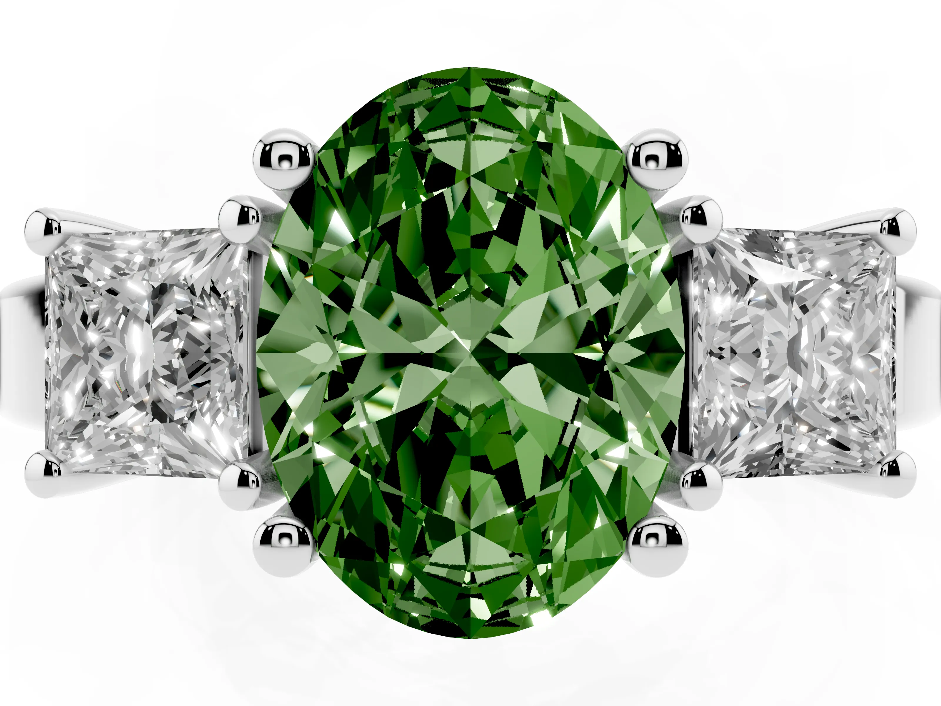 Fancy Green Three-Stone Oval Cut Diamond Solitaire Ring Set in Platinum with Prong Setting