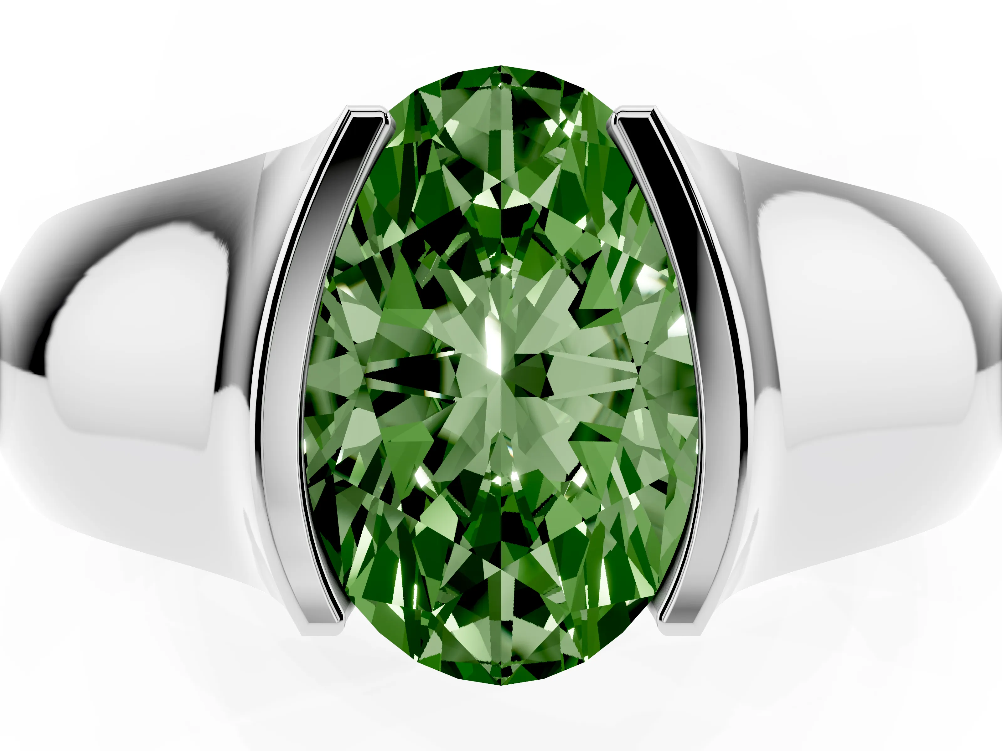 Fancy Green Oval Cut Diamond Bezel Solitaire Ring Set in White gold with Wide Band