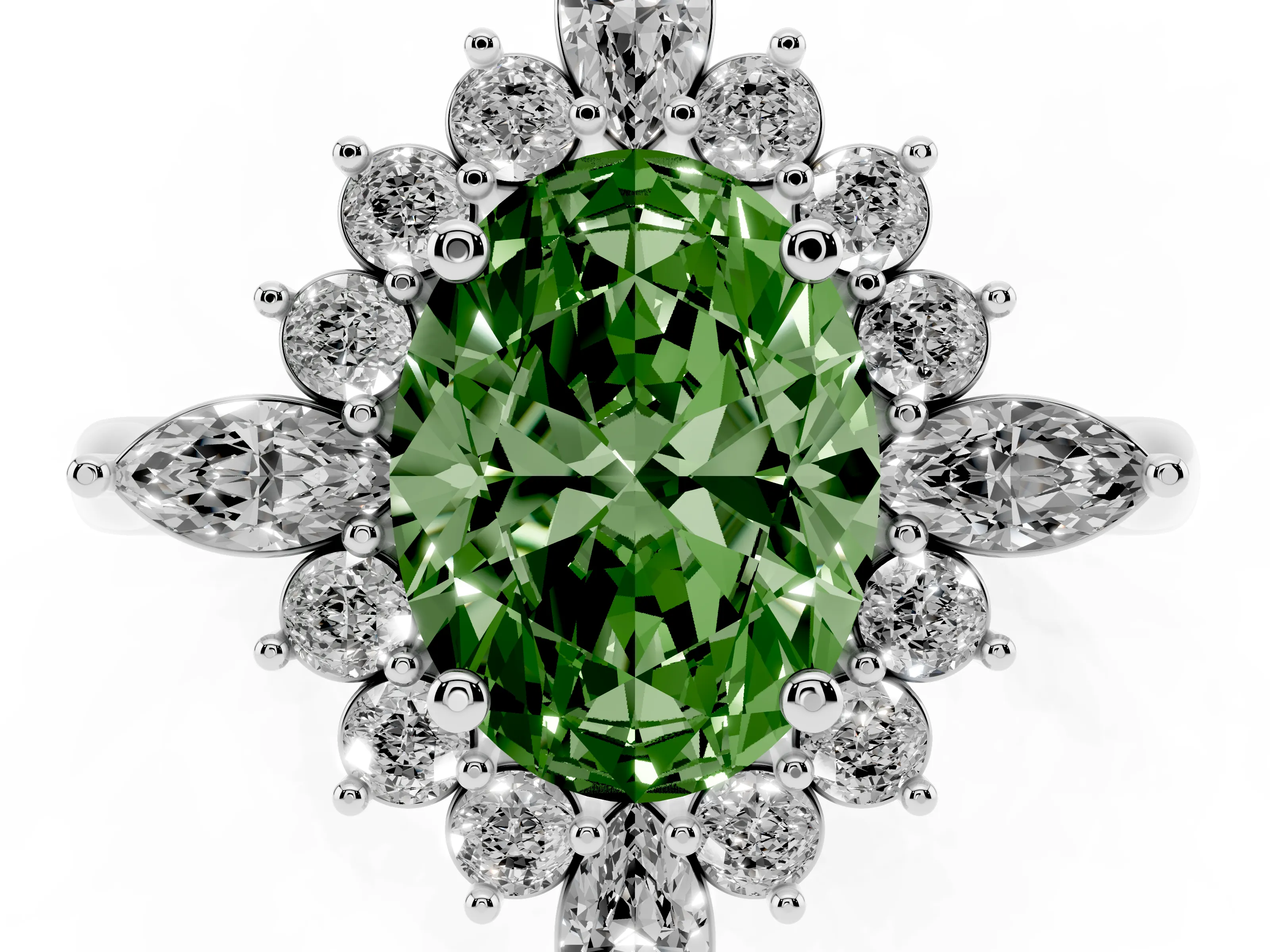 Fancy Green Oval Cut Diamond Cluster Halo Ring Set in White gold with Marquise and Round Accents