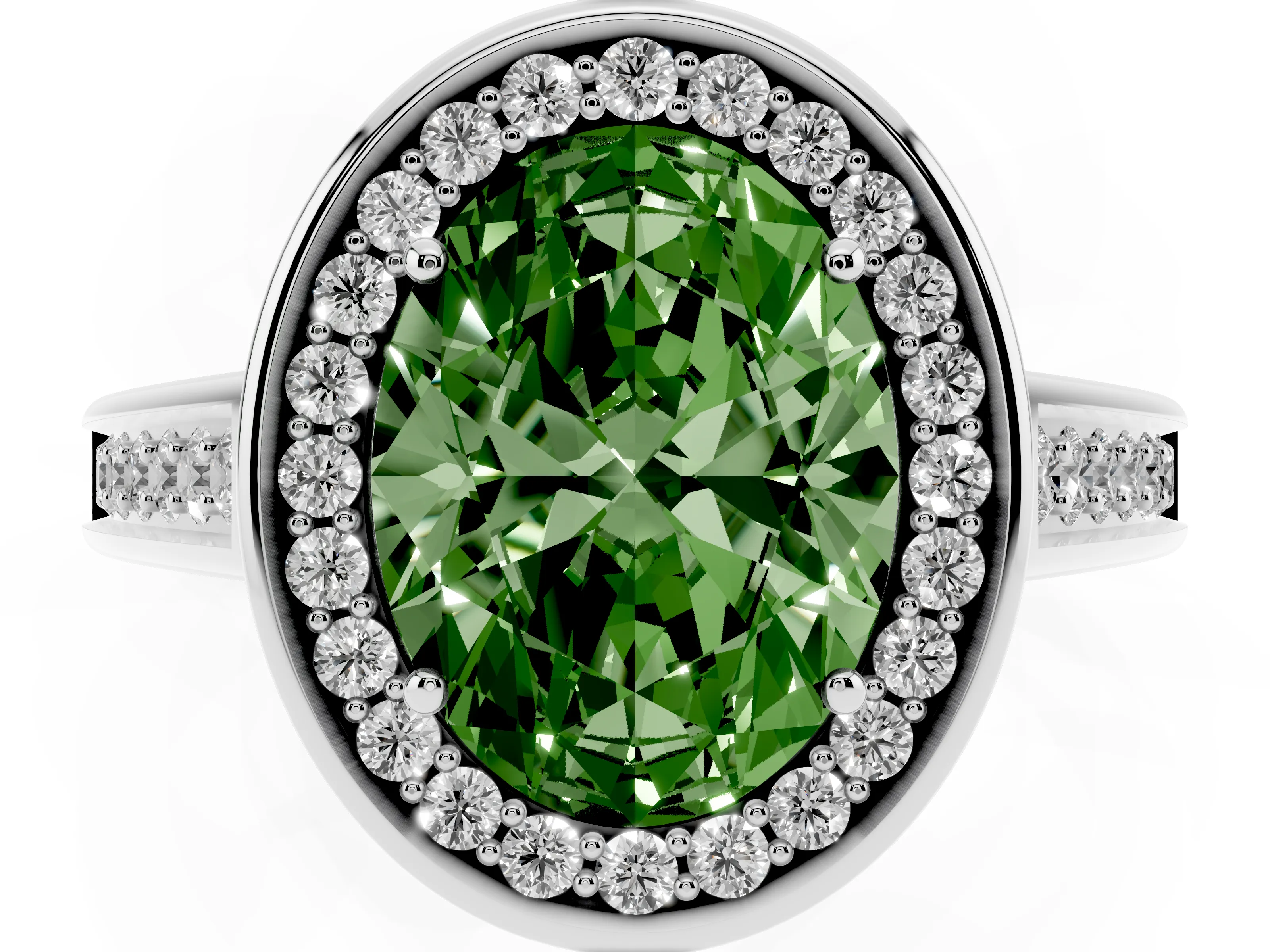 Fancy Green Oval Cut Diamond Halo Solitaire Ring Set in Platinum with Pavé Band and Bezel Setting