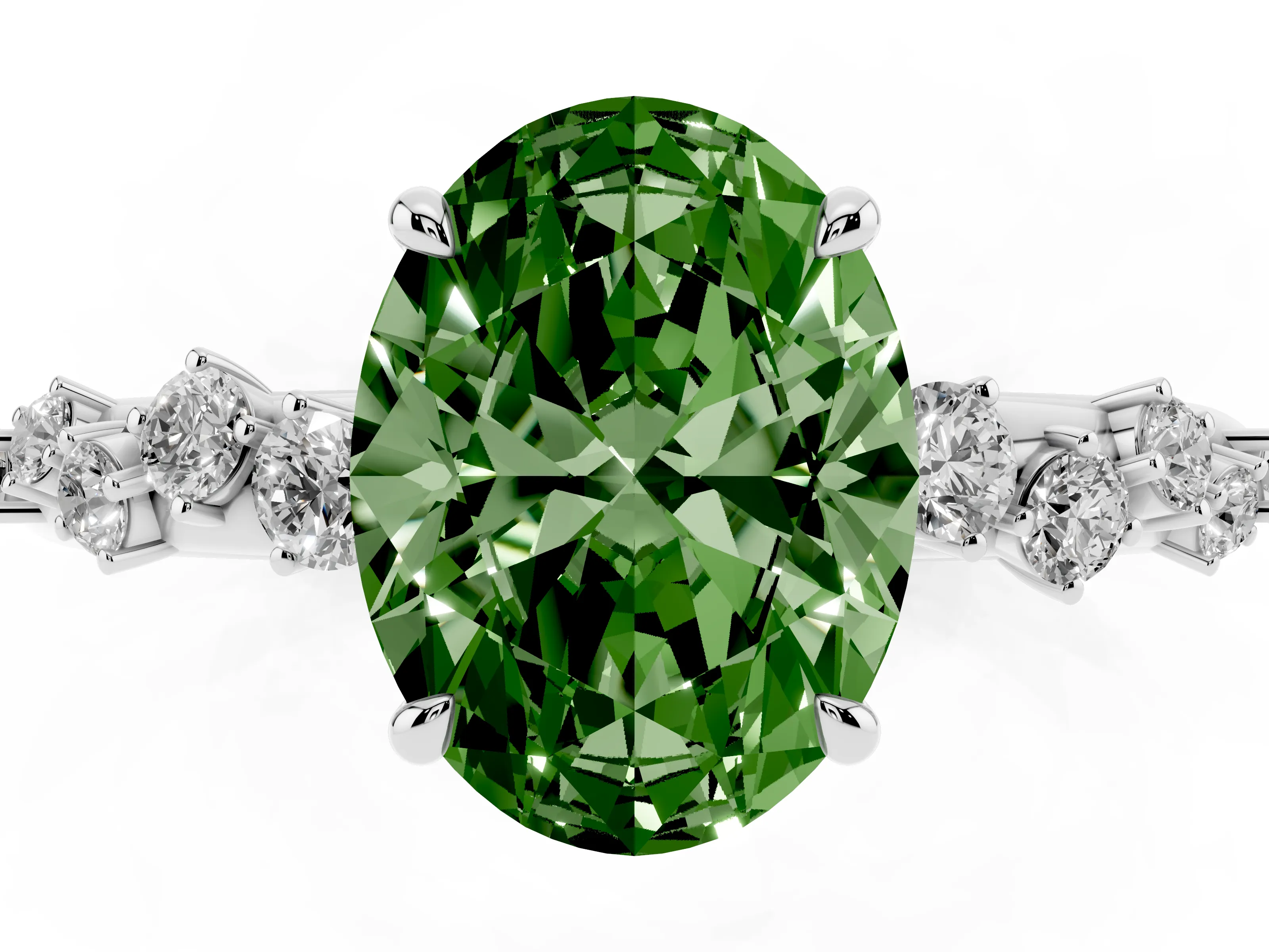 Fancy Green Oval Cut Diamond Cluster Solitaire Ring Set in Platinum with Prong Setting
