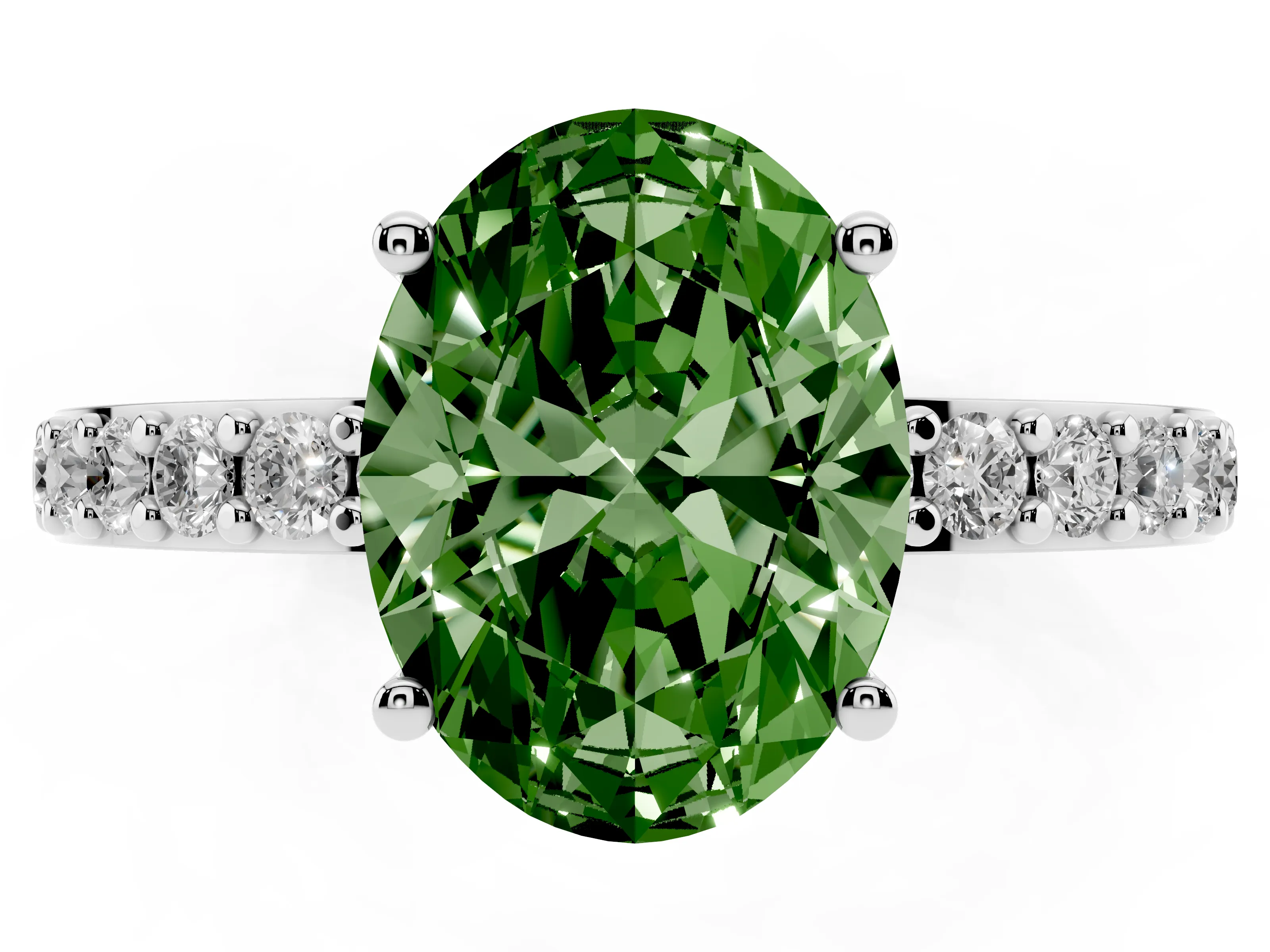 Fancy Green Oval Cut Diamond Solitaire Set in Platinum with Round Pavé Band and Prong Setting