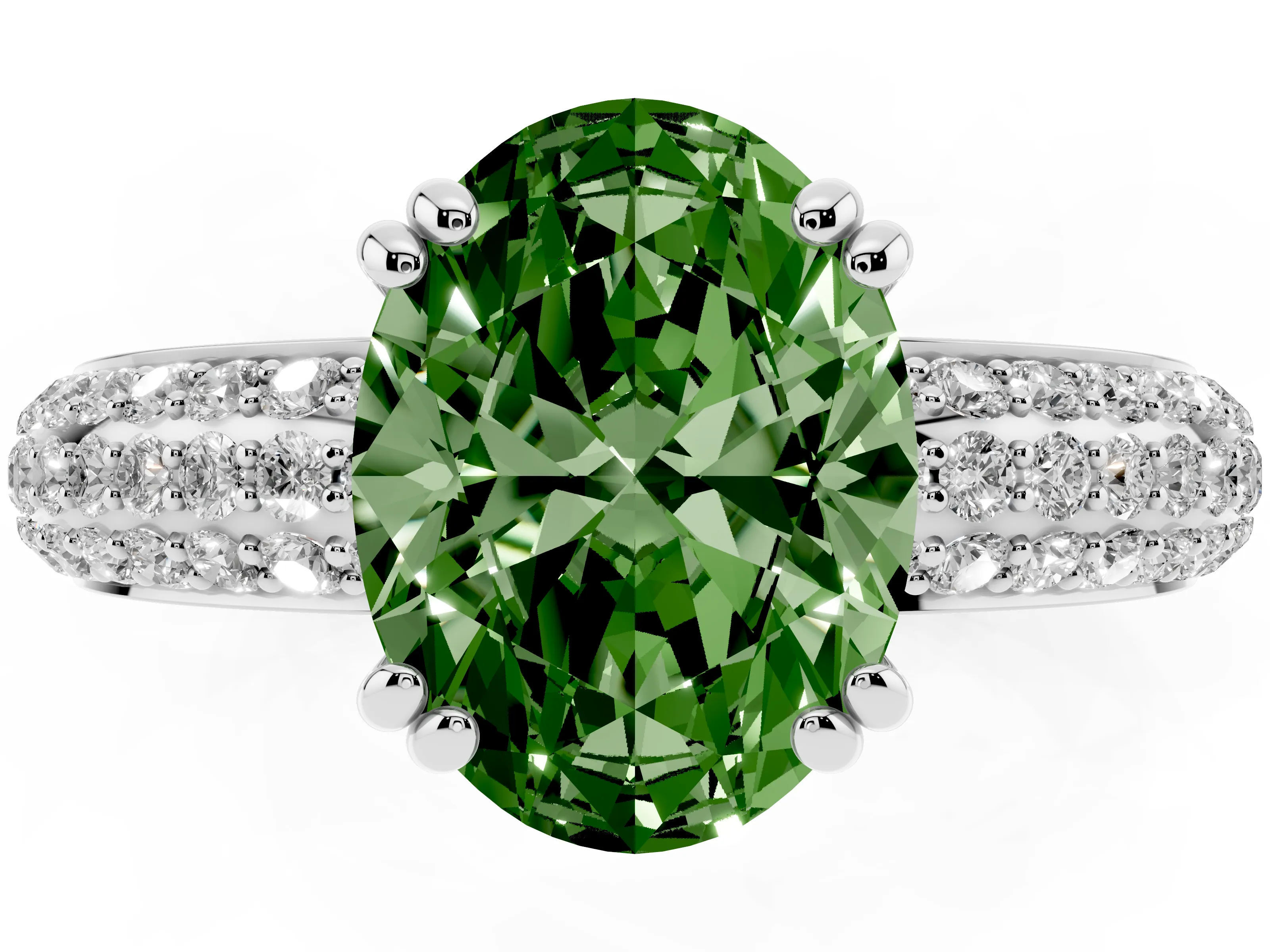 Fancy Green Oval Cut Diamond Solitaire Ring Set in Platinum with Multi-Row Round Pavé Band and Prong Setting