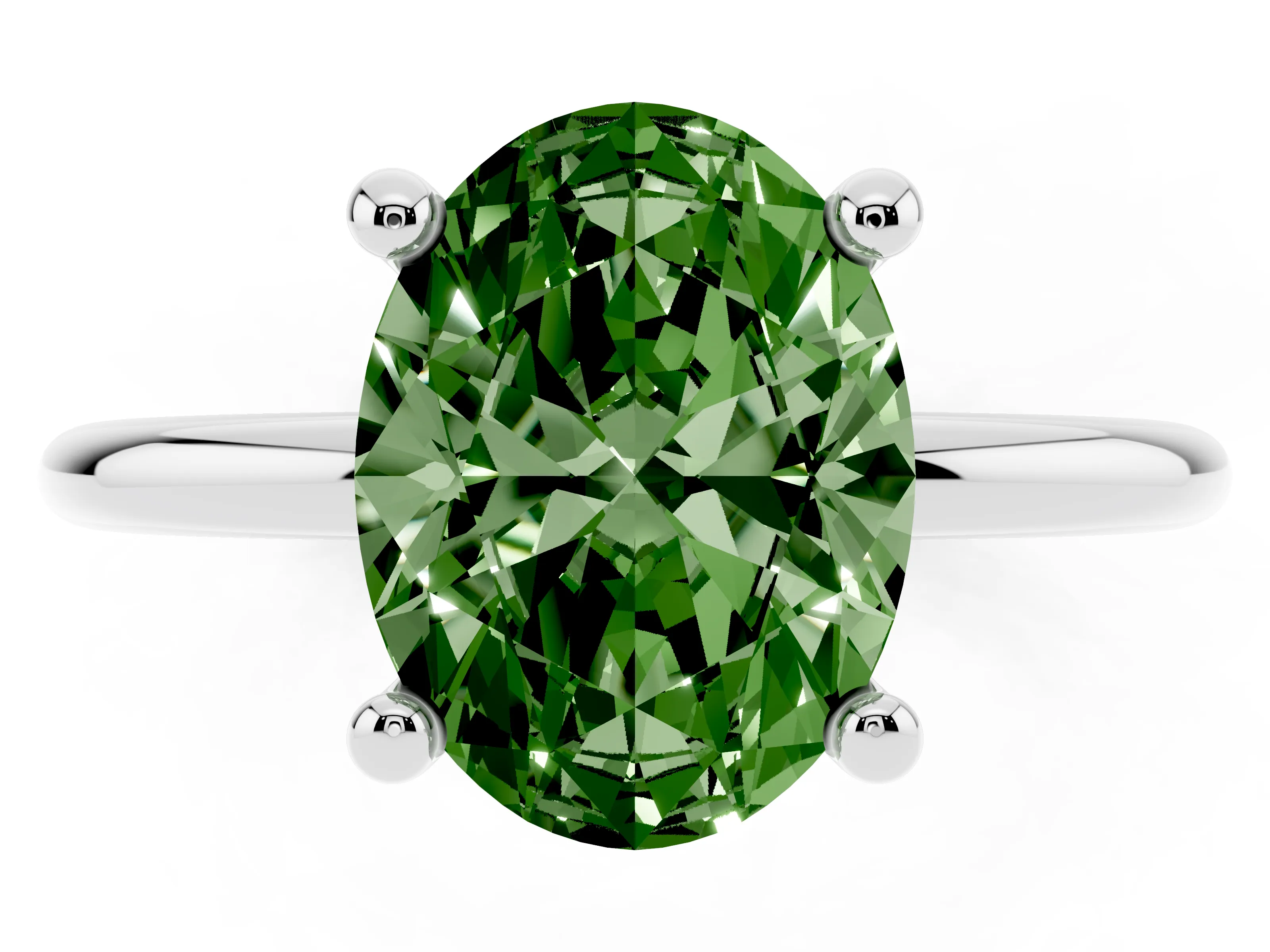 Fancy Green Oval Cut Diamond Solitaire Ring Set in White gold with Secure Prong Setting on a Classic Band