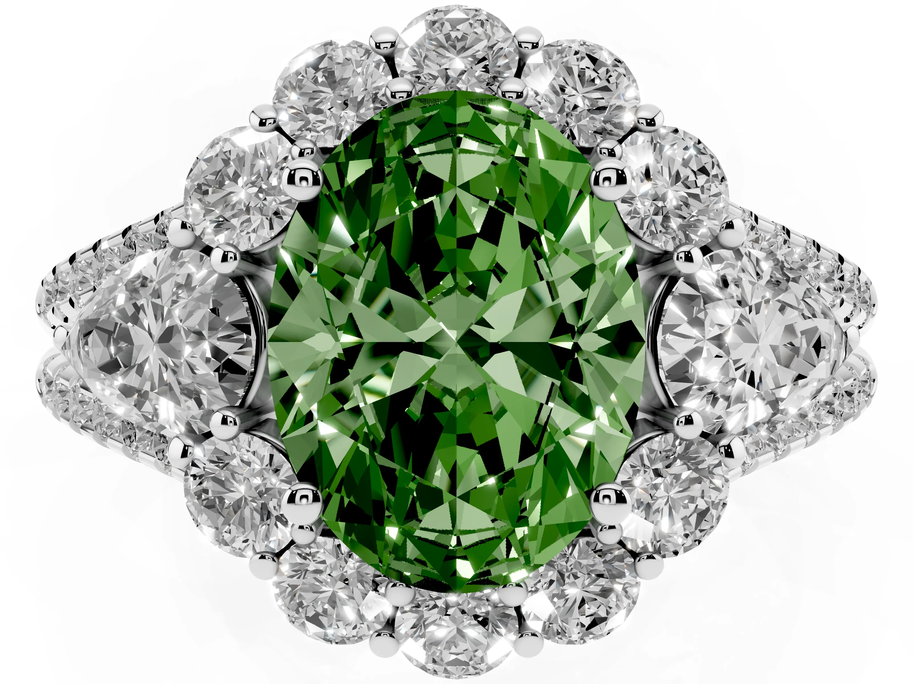 Fancy Green Oval Cut Diamond Halo Split Shank Engagement Ring Set in Platinum with Prong-Held Center Stone