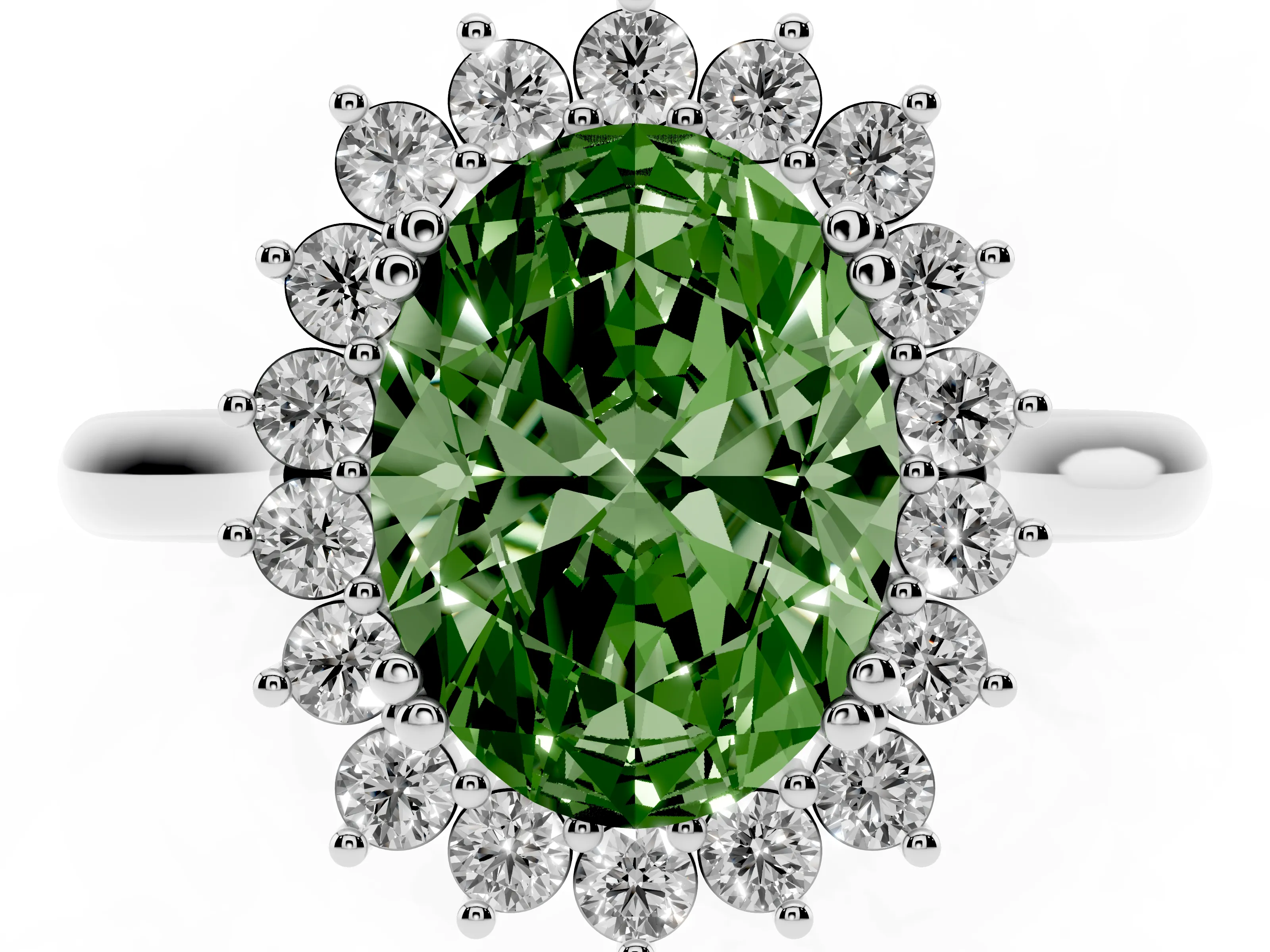 Fancy Green Oval Cut Diamond Halo Ring Set in Silver with Plain Solitaire Band and Prong Setting