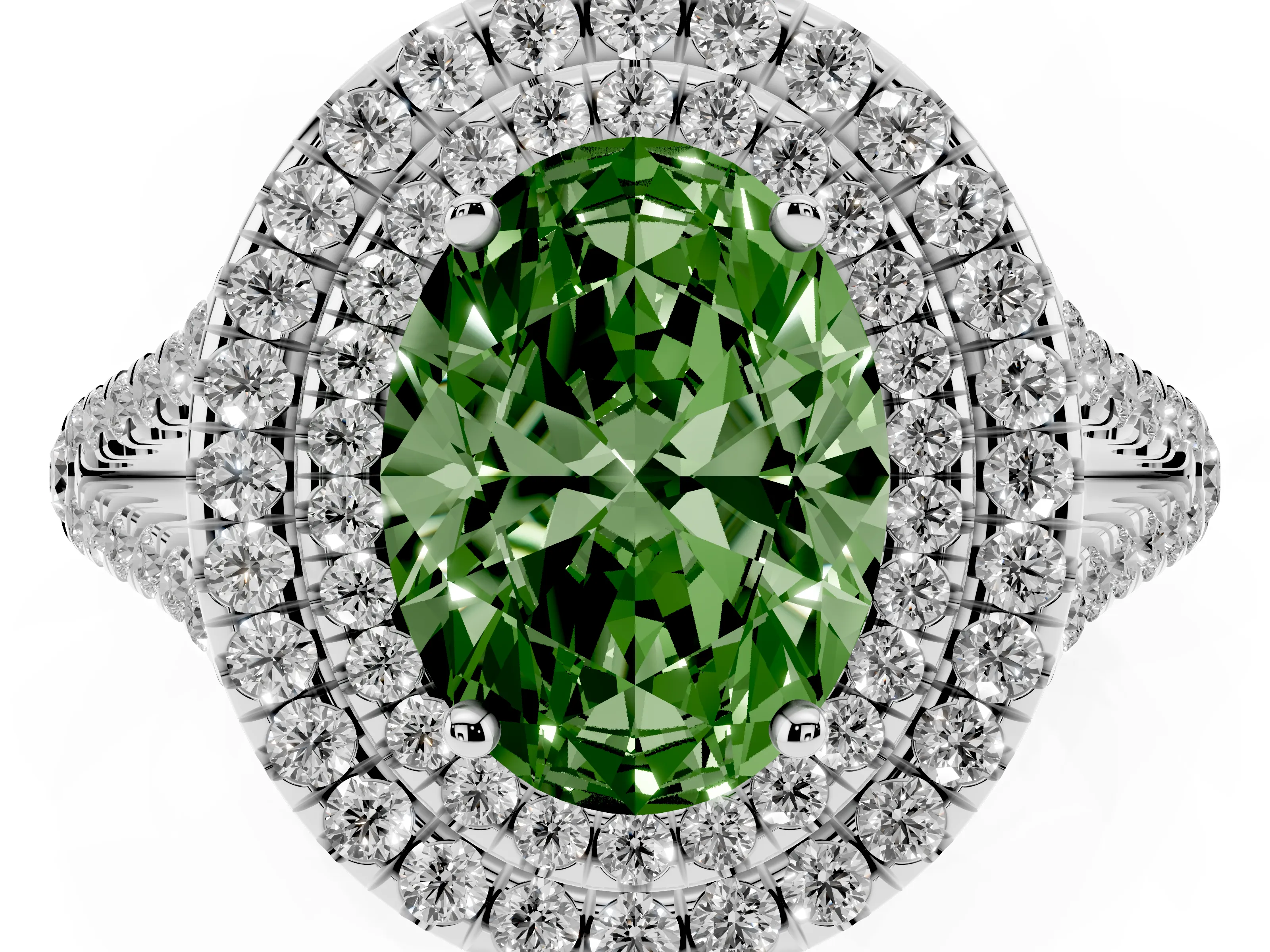 Fancy Green Oval Cut Diamond Double Halo Ring Set in Silver with Pavé Band