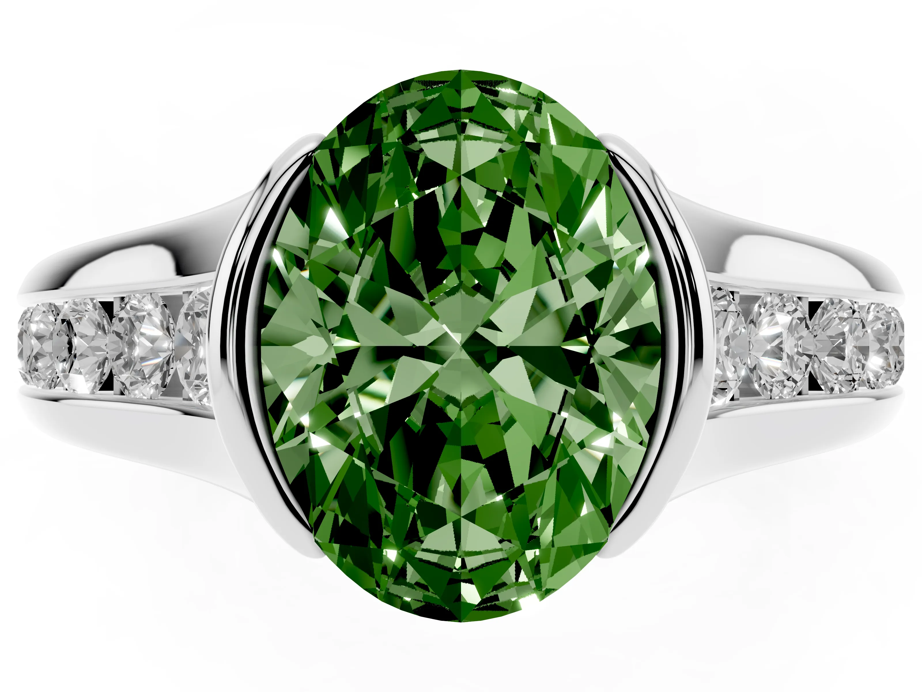 Fancy Green Oval Cut Diamond Bezel-Set Solitaire Ring Set in Silver with Channel-Set Band