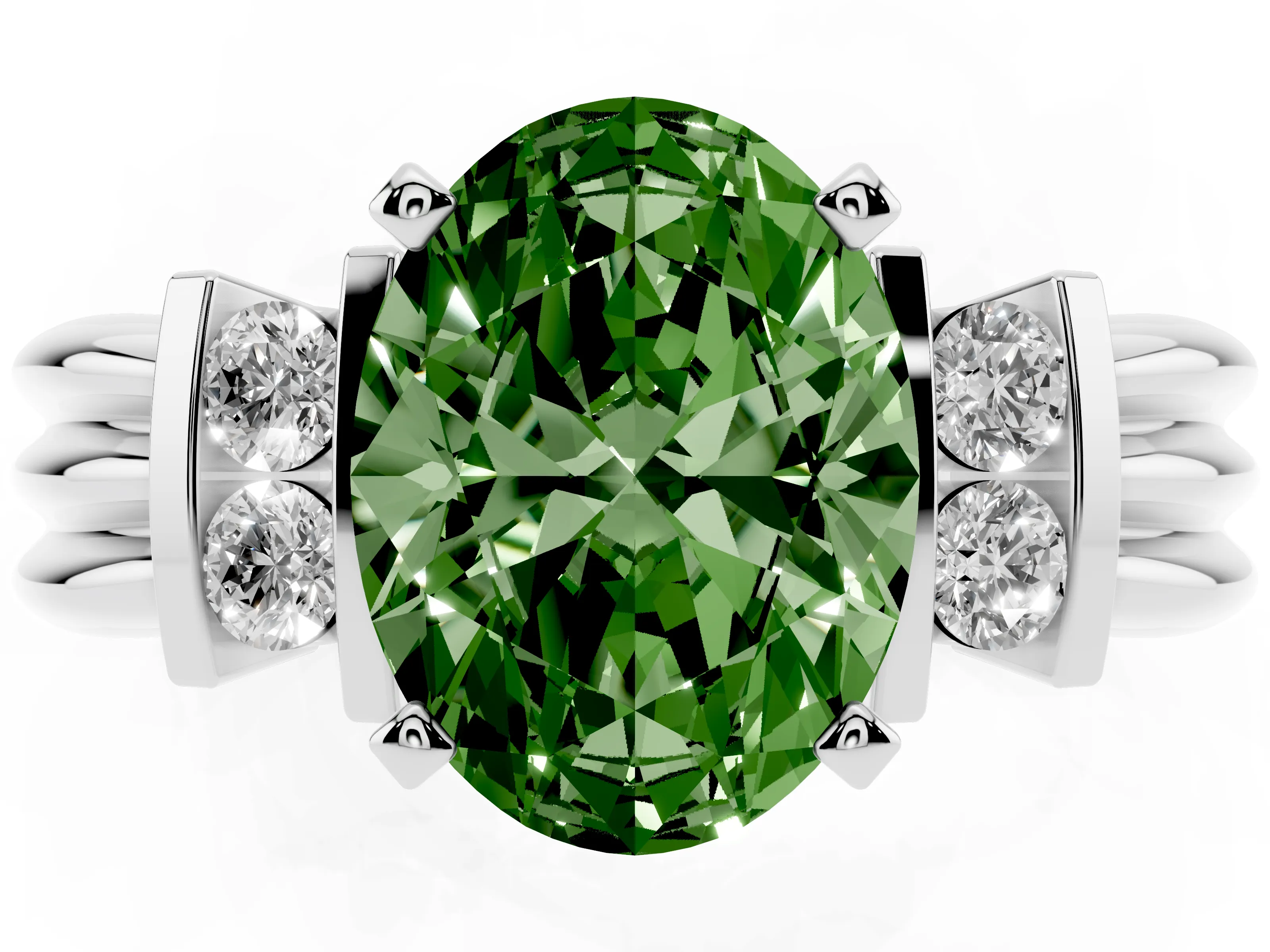 Fancy Green Three-Stone Oval Cut Diamond Channel Set Ring Set in Silver with Bar Prongs