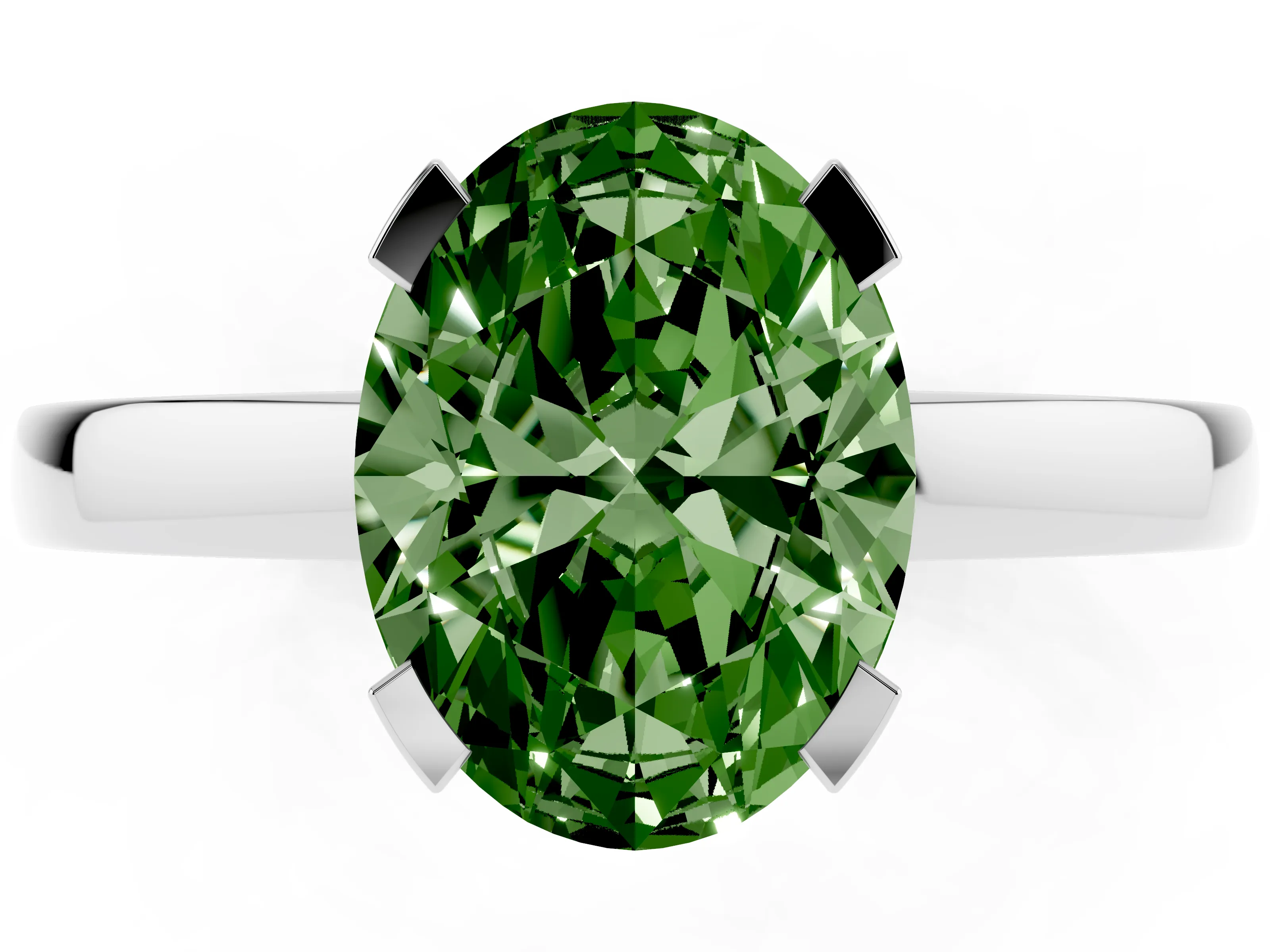 Fancy Green Oval Cut Diamond Solitaire Ring Set in Platinum with Prong Head and Smooth Polished Band