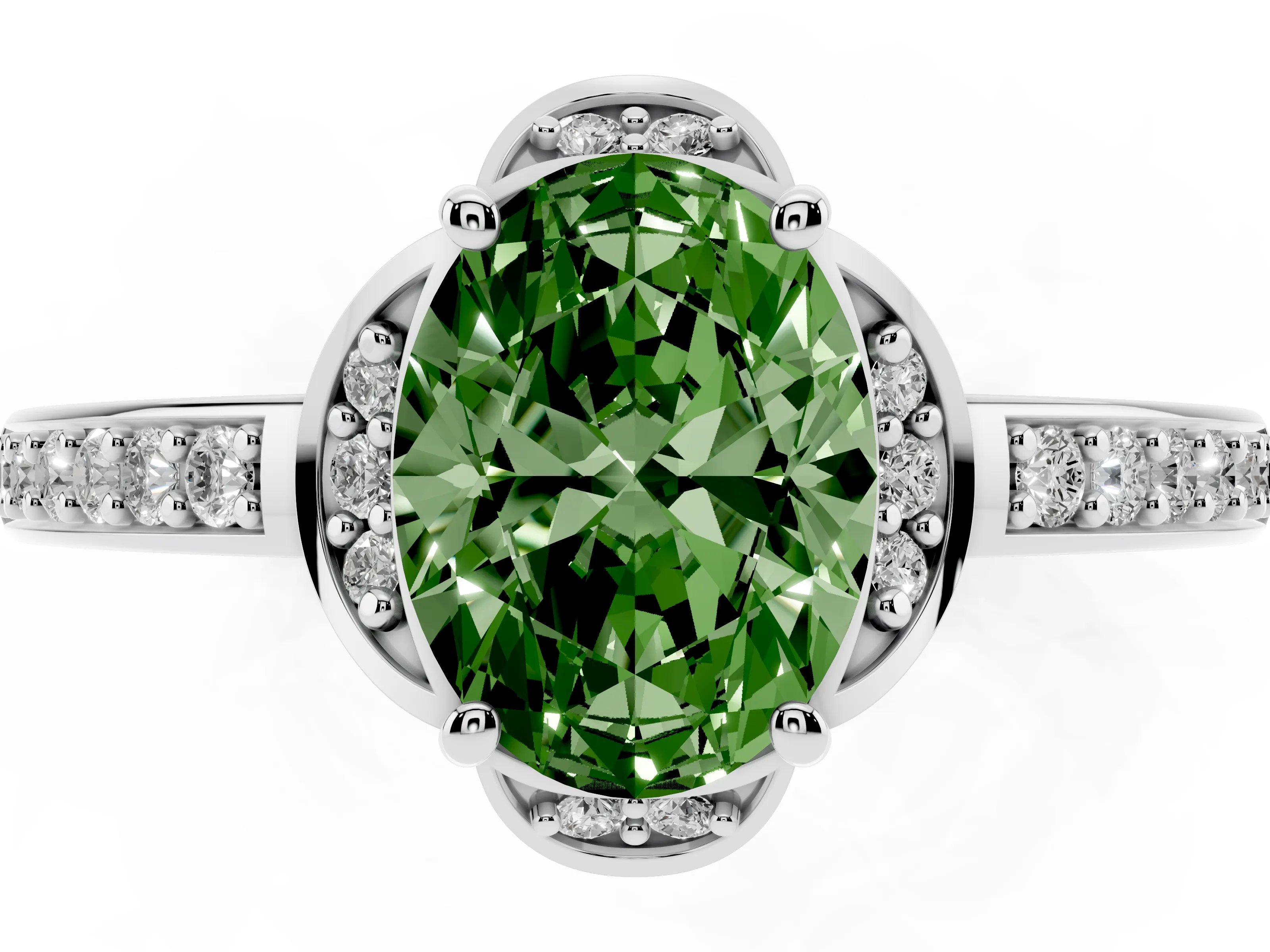 Fancy Green Oval Cut Diamond Halo Ring Set in White gold with Channel Set Band and Prong Setting