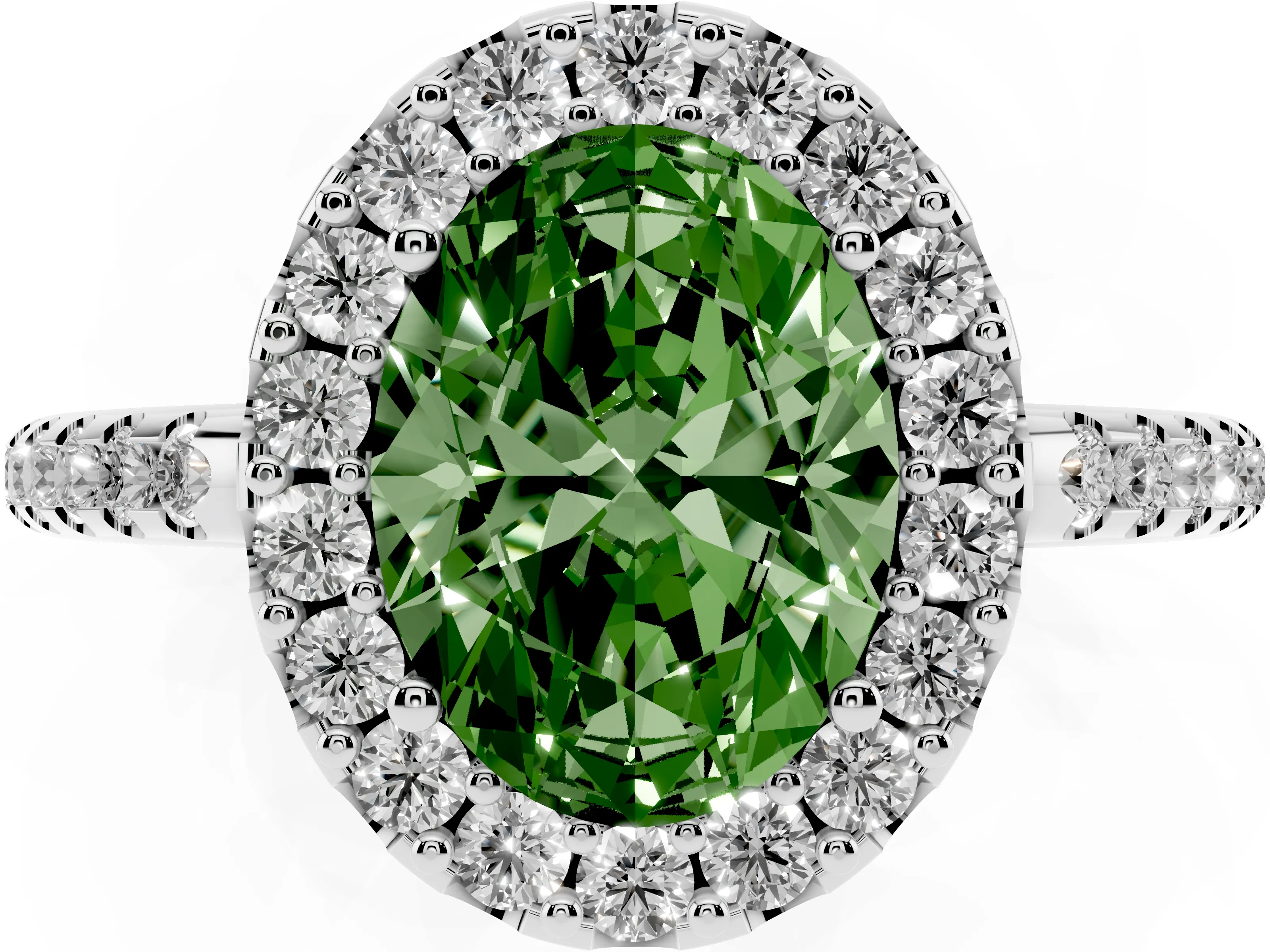 Fancy Green Oval Cut Diamond Pavé Halo Ring Set in Silver with Prong Setting