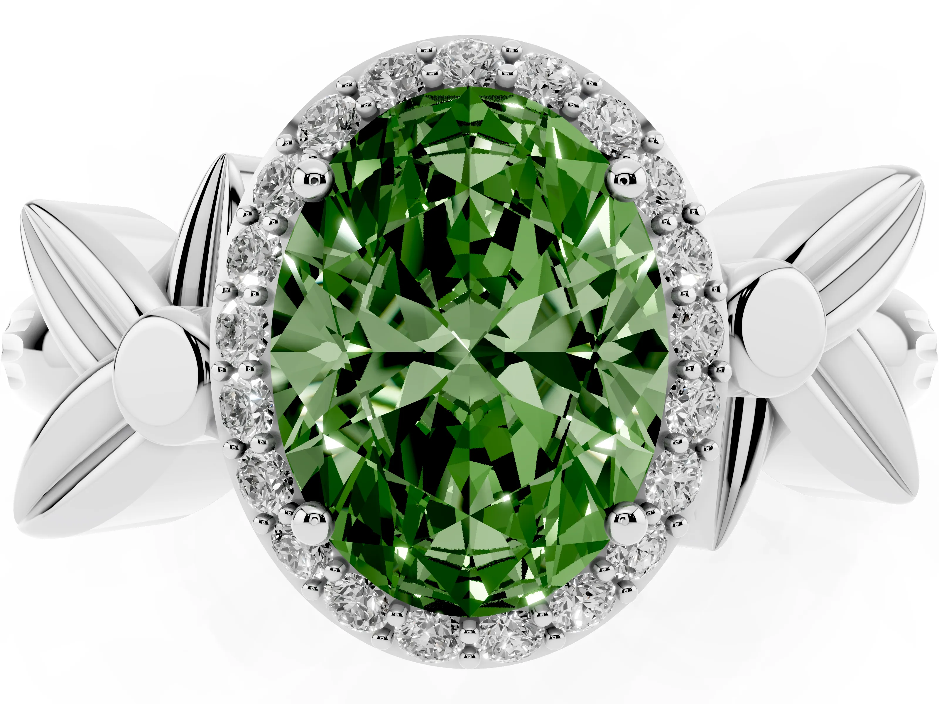 Fancy Green Oval Cut Diamond Halo Floral Band Ring Set in Silver with Prong Setting