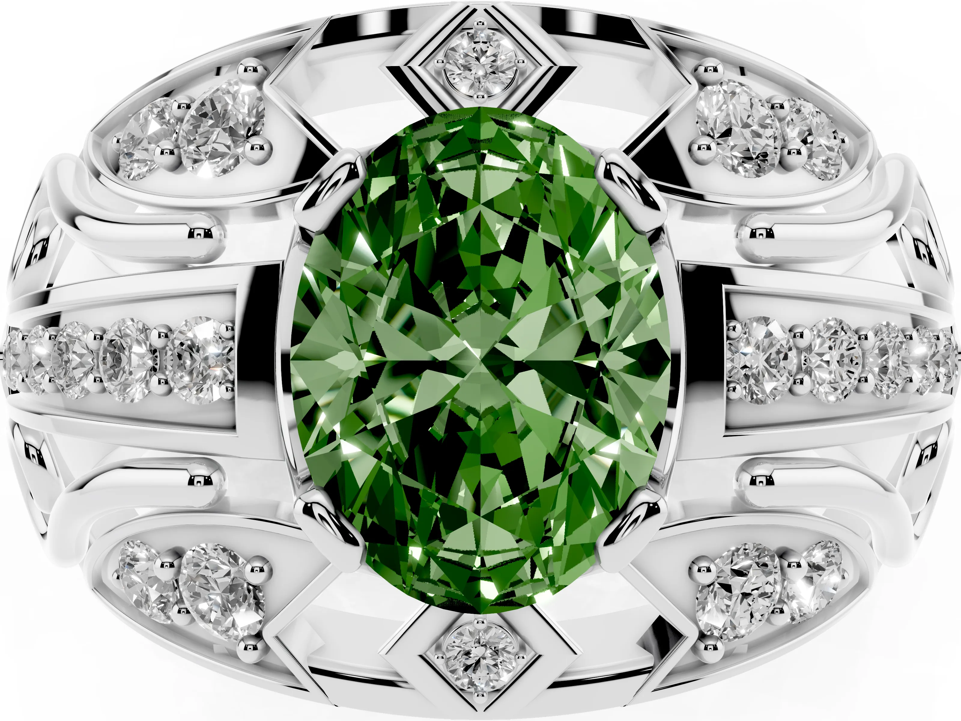 Fancy Green Oval Cut Diamond Art Deco Ring Set in Platinum with Pavé Split Shank