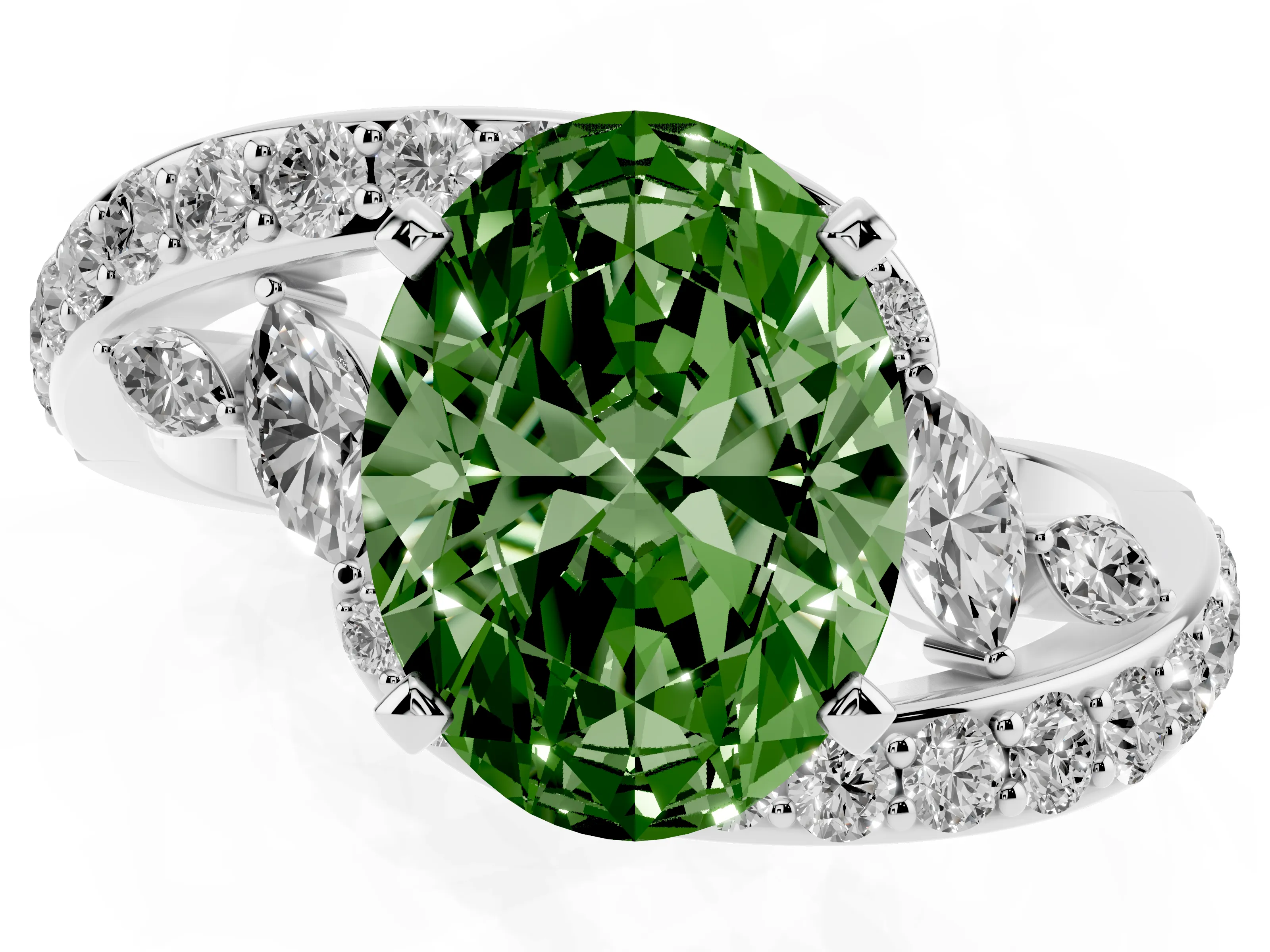 Fancy Green Oval Cut Diamond Solitaire Ring Set in Silver with Pavé Twist Band and Secure Prong Setting