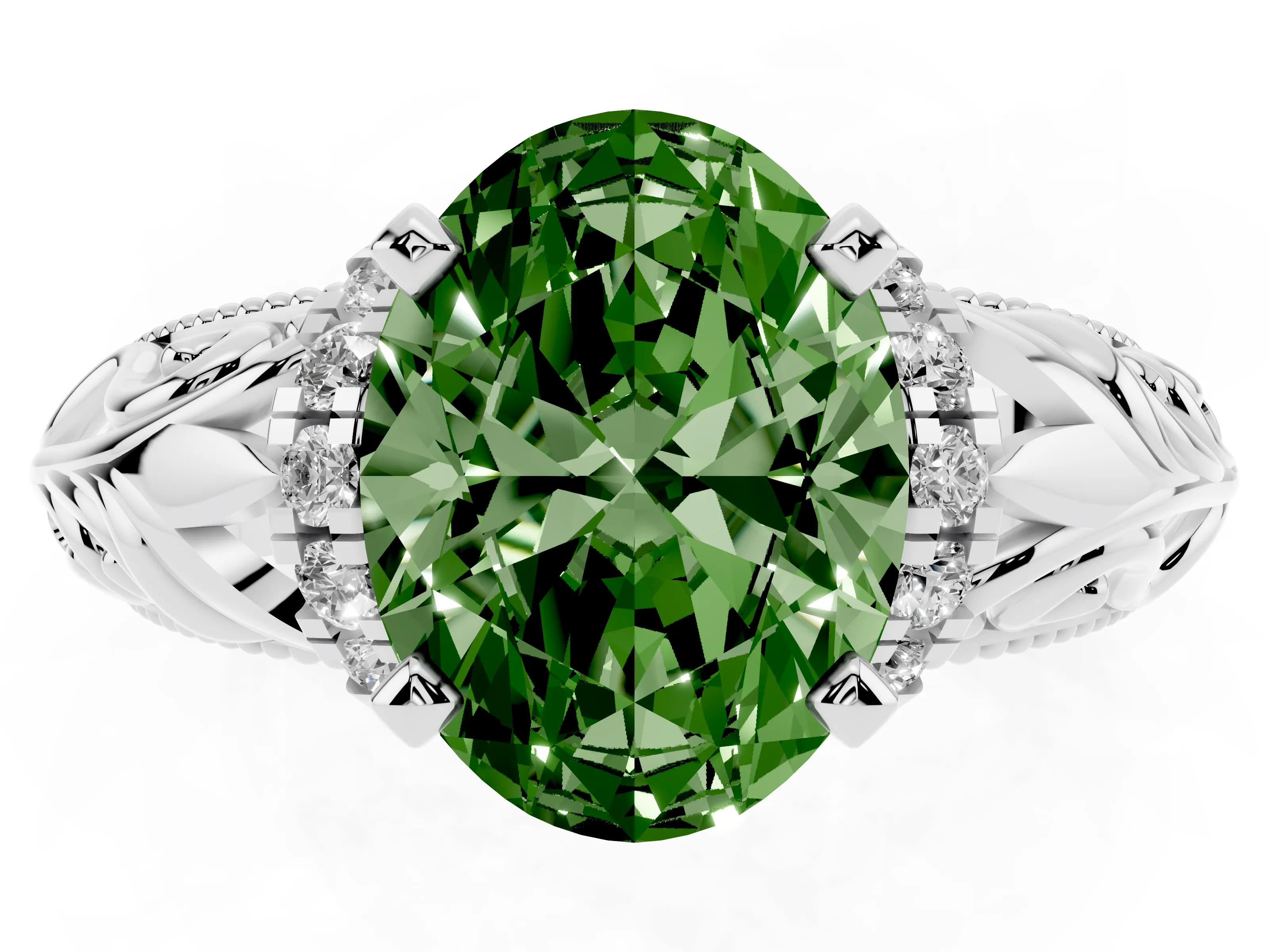 Fancy Green Oval Cut Diamond Filigree Halo Engagement Ring Set in White gold with Prong Setting