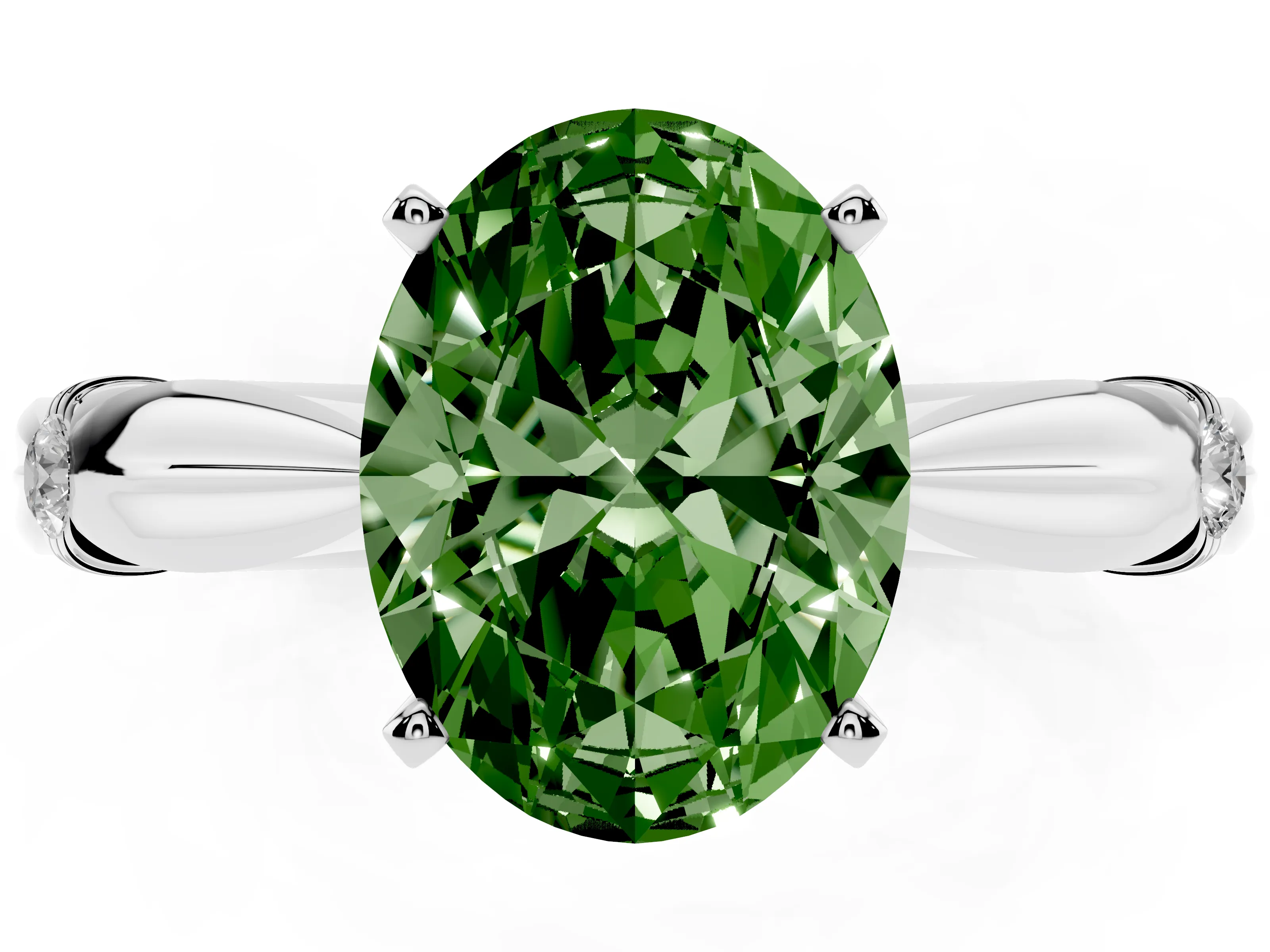 Fancy Green Oval Cut Diamond Solitaire Twisted Band Ring Set in Silver with Accent Stones and Prong Setting