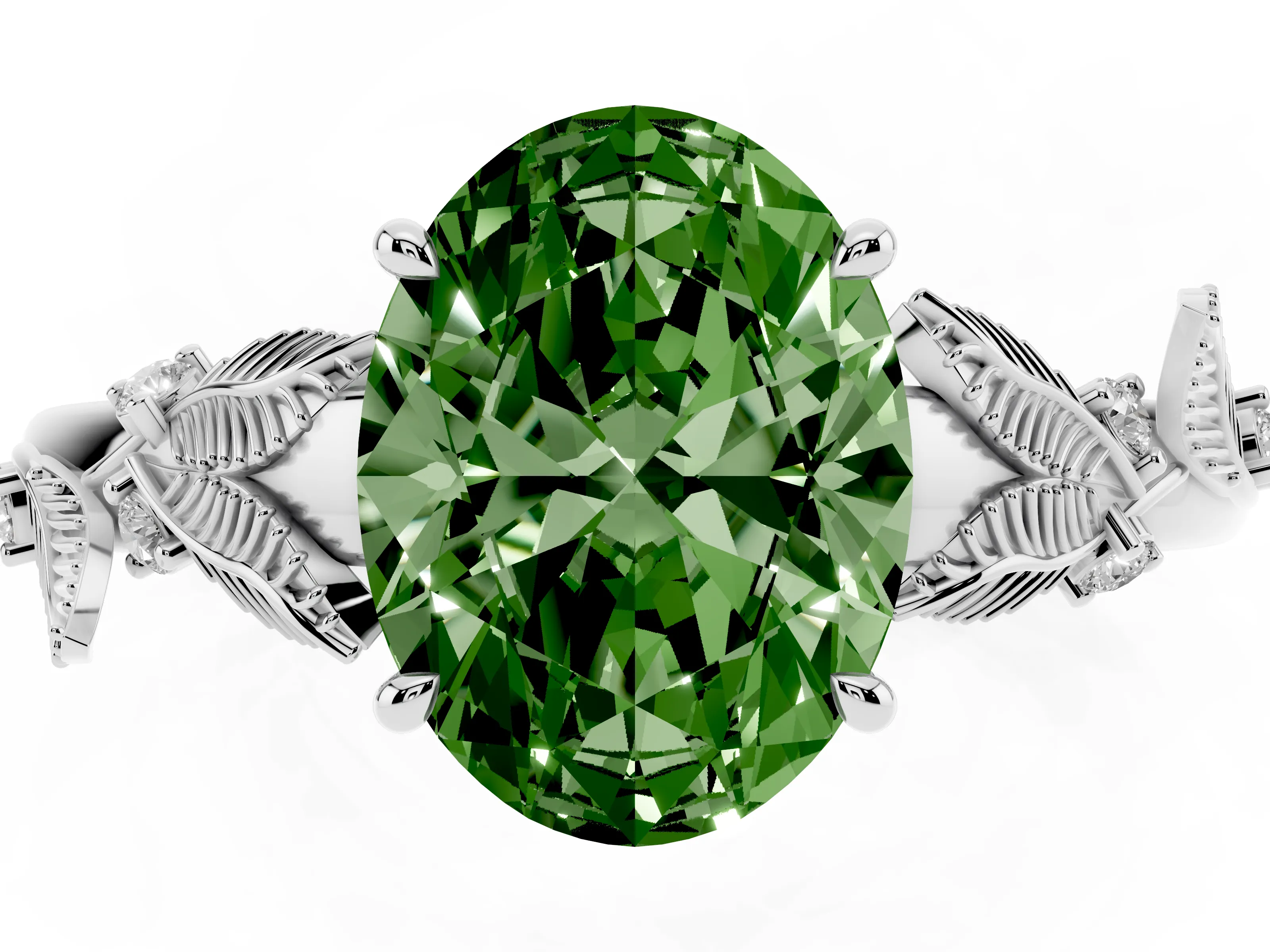 Fancy Green Oval Cut Diamond Solitaire Ring Set in Platinum with Leaf Motif Band