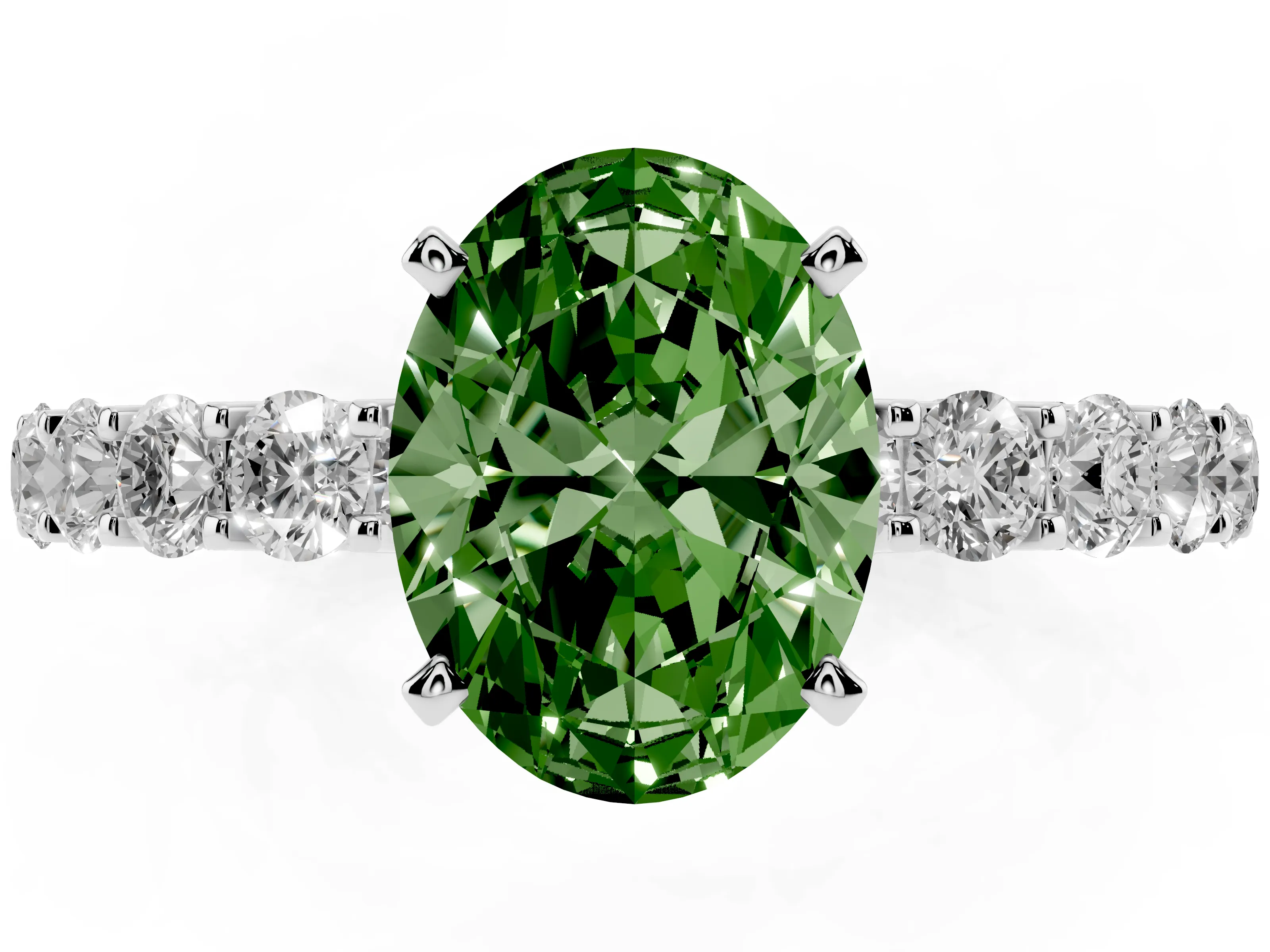 Fancy Green Oval Cut Diamond Solitaire Ring Set in Silver with Shared Prong Pavé Band