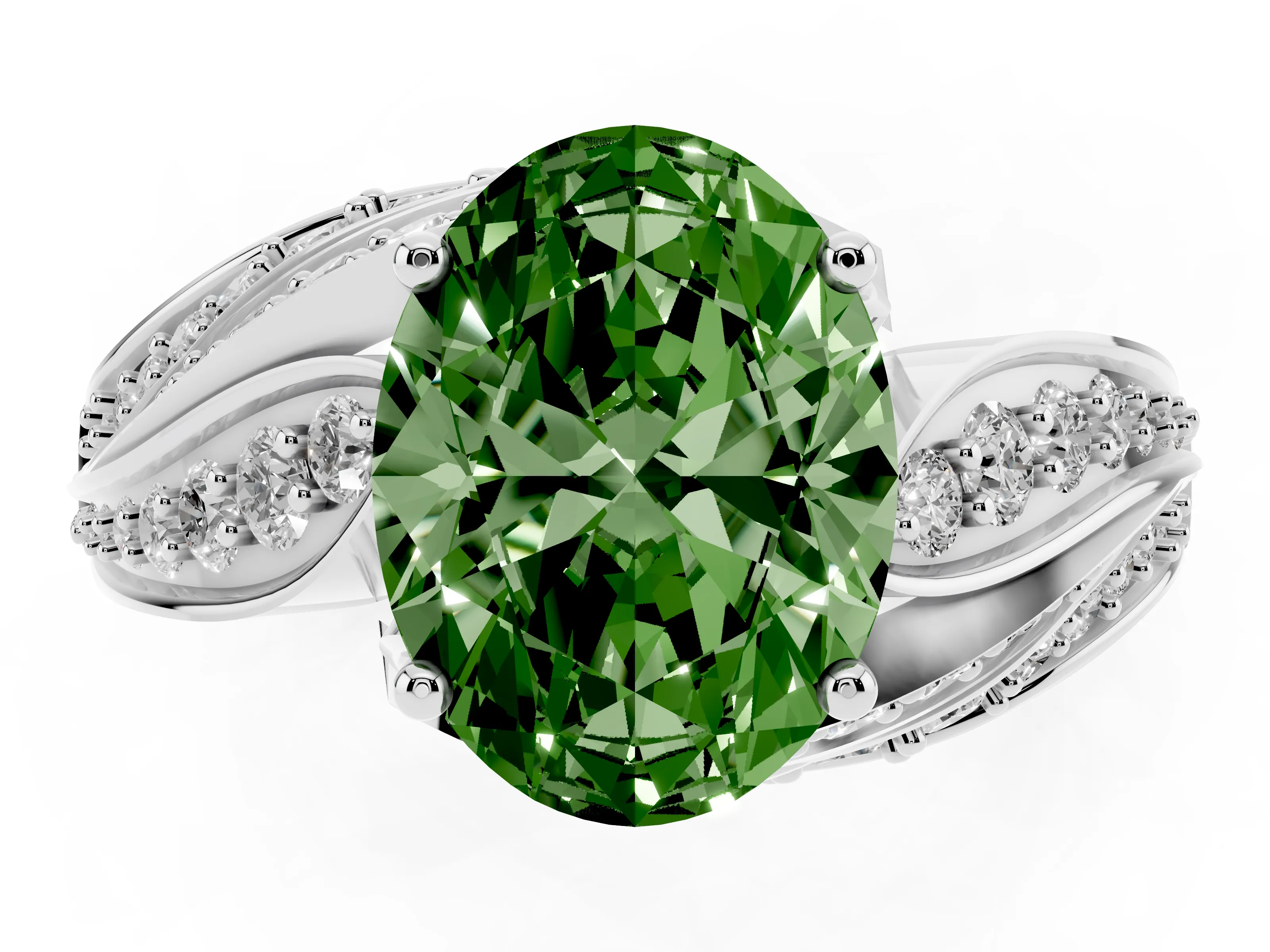 Fancy Green Oval Cut Diamond Solitaire Ring Set in Silver with Layered Twist Pavé Band