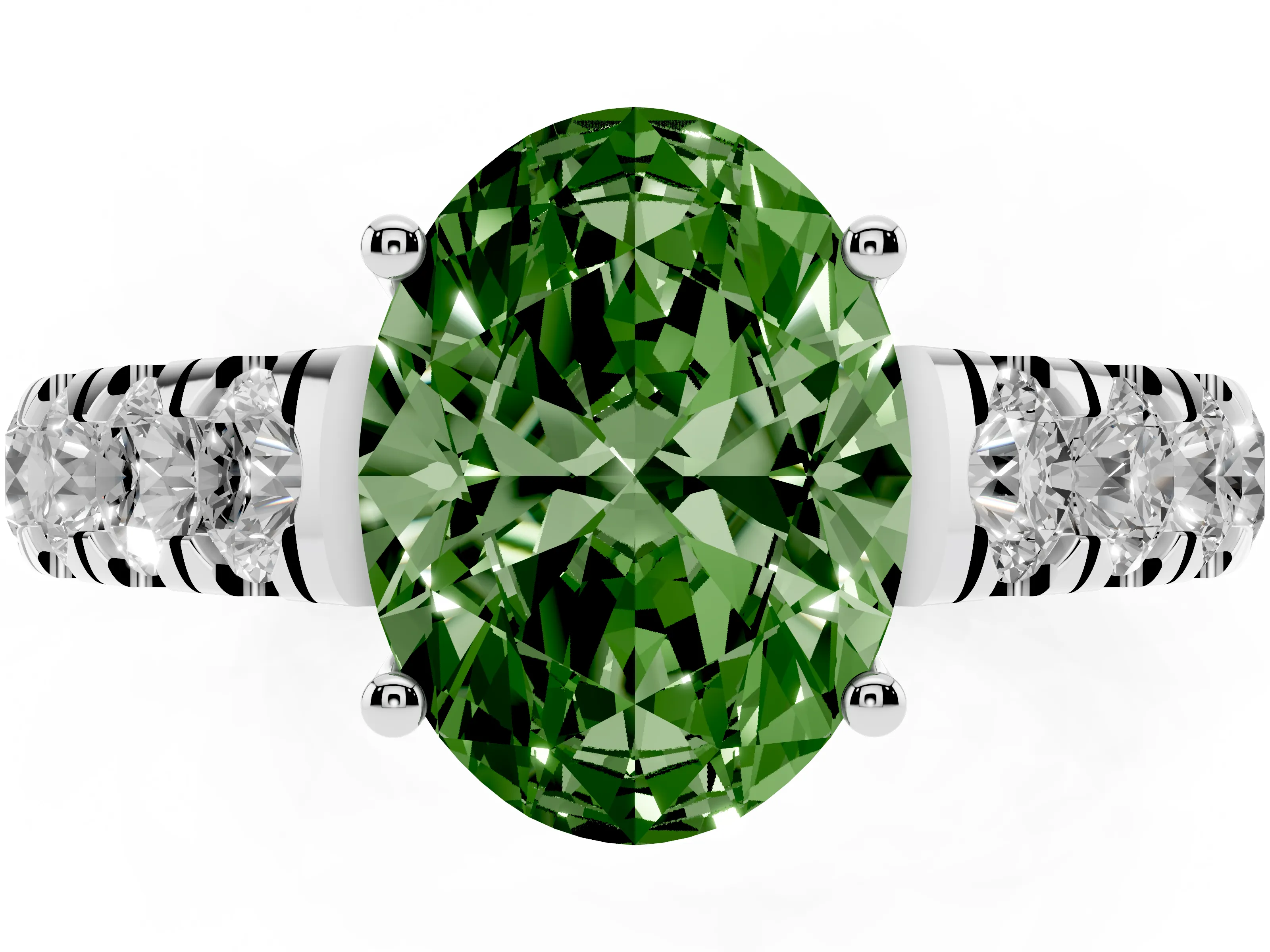 Fancy Green Oval Cut Diamond Solitaire Ring Set in Silver with Cut-Down Micro Pavé Band and Prong Setting