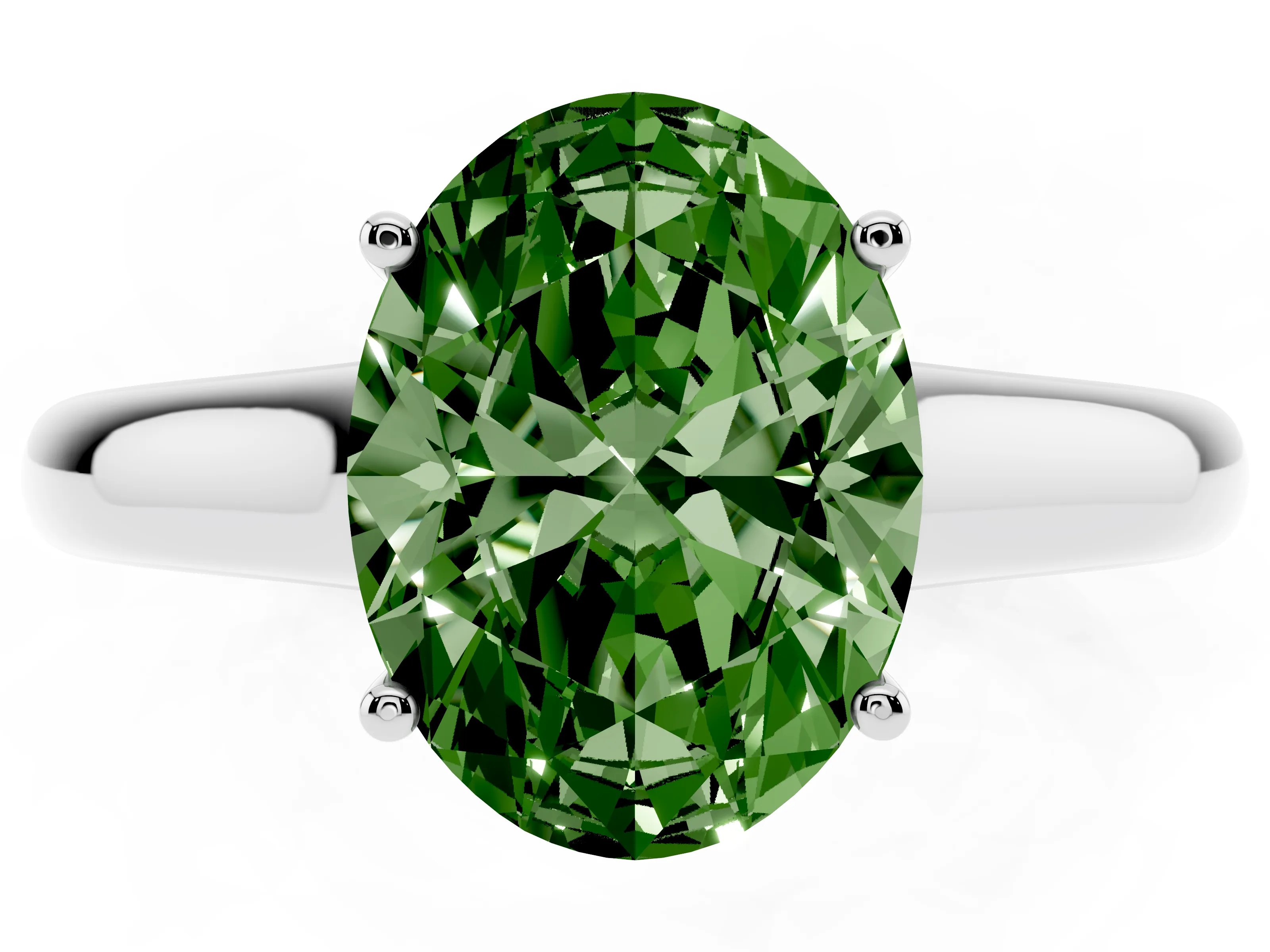 Fancy Green Oval Cut Diamond Solitaire Engagement Ring Set in White gold with Subtly Tapered Band and Prong Setting
