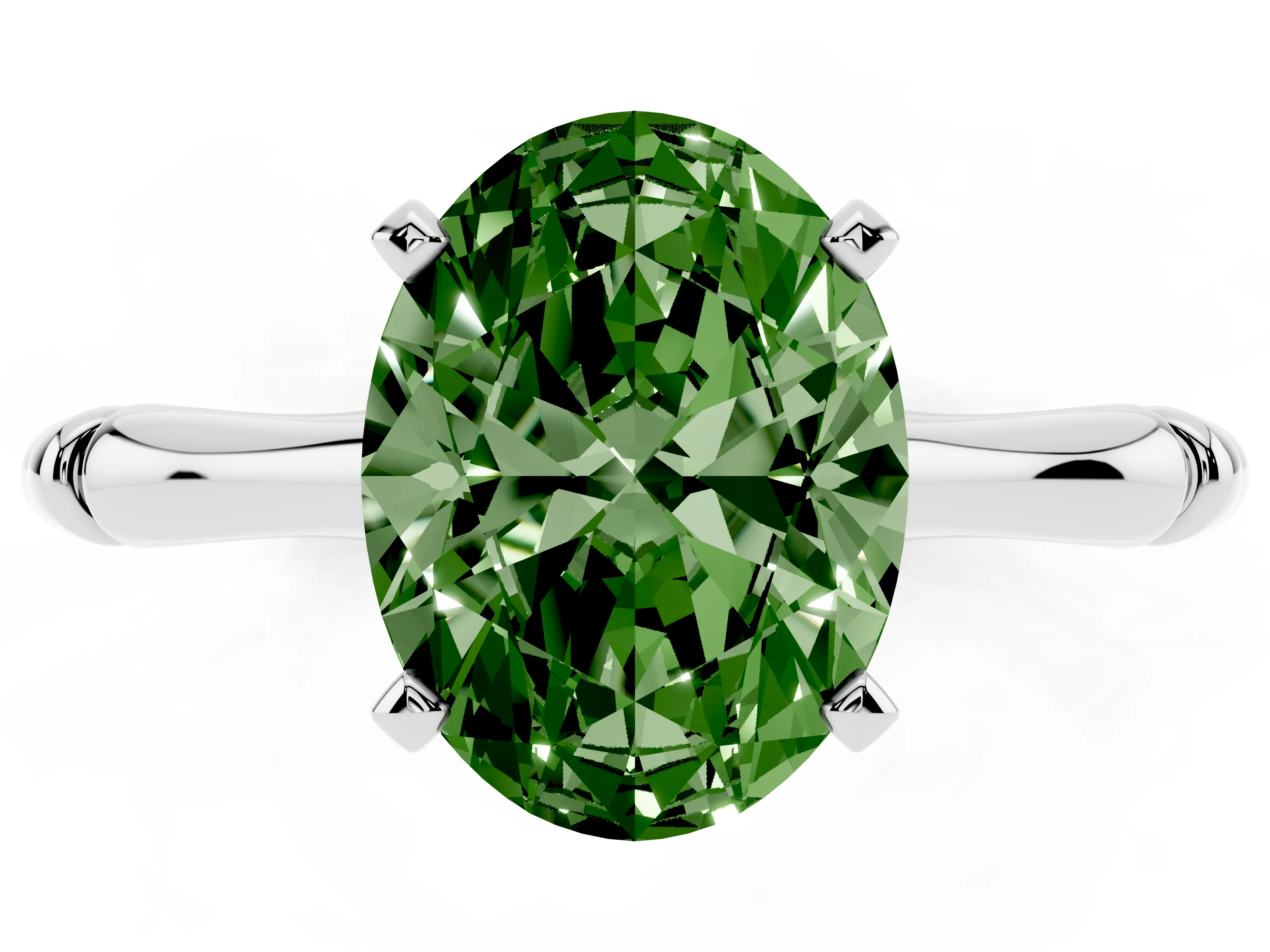 Fancy Green Oval Cut Diamond Solitaire Ring Set in Platinum with Bamboo Band and Prong Setting