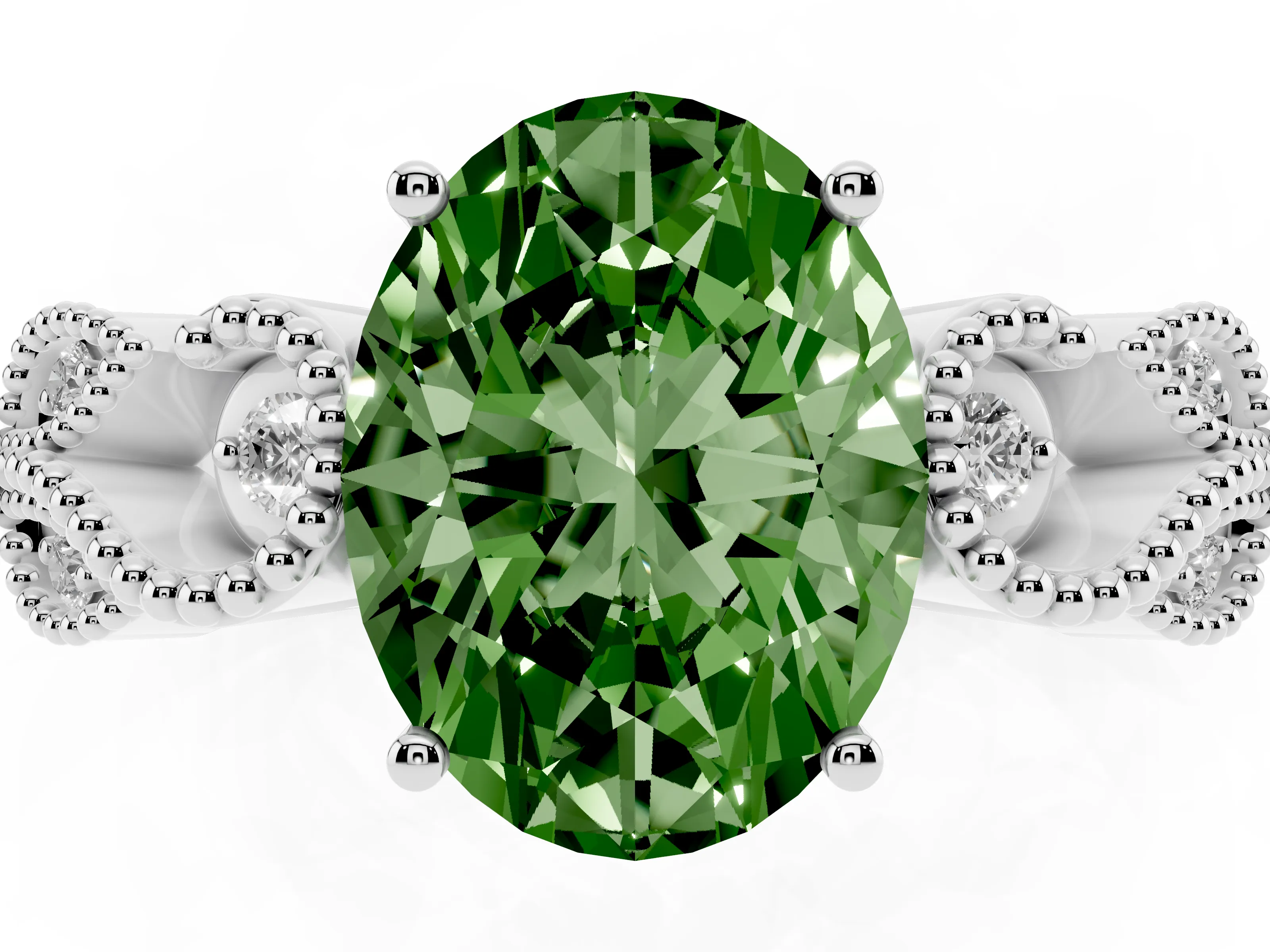 Fancy Green Oval Cut Diamond Milgrain Leaf Band Solitaire Ring Set in Platinum with Accent Stones and Prong Setting