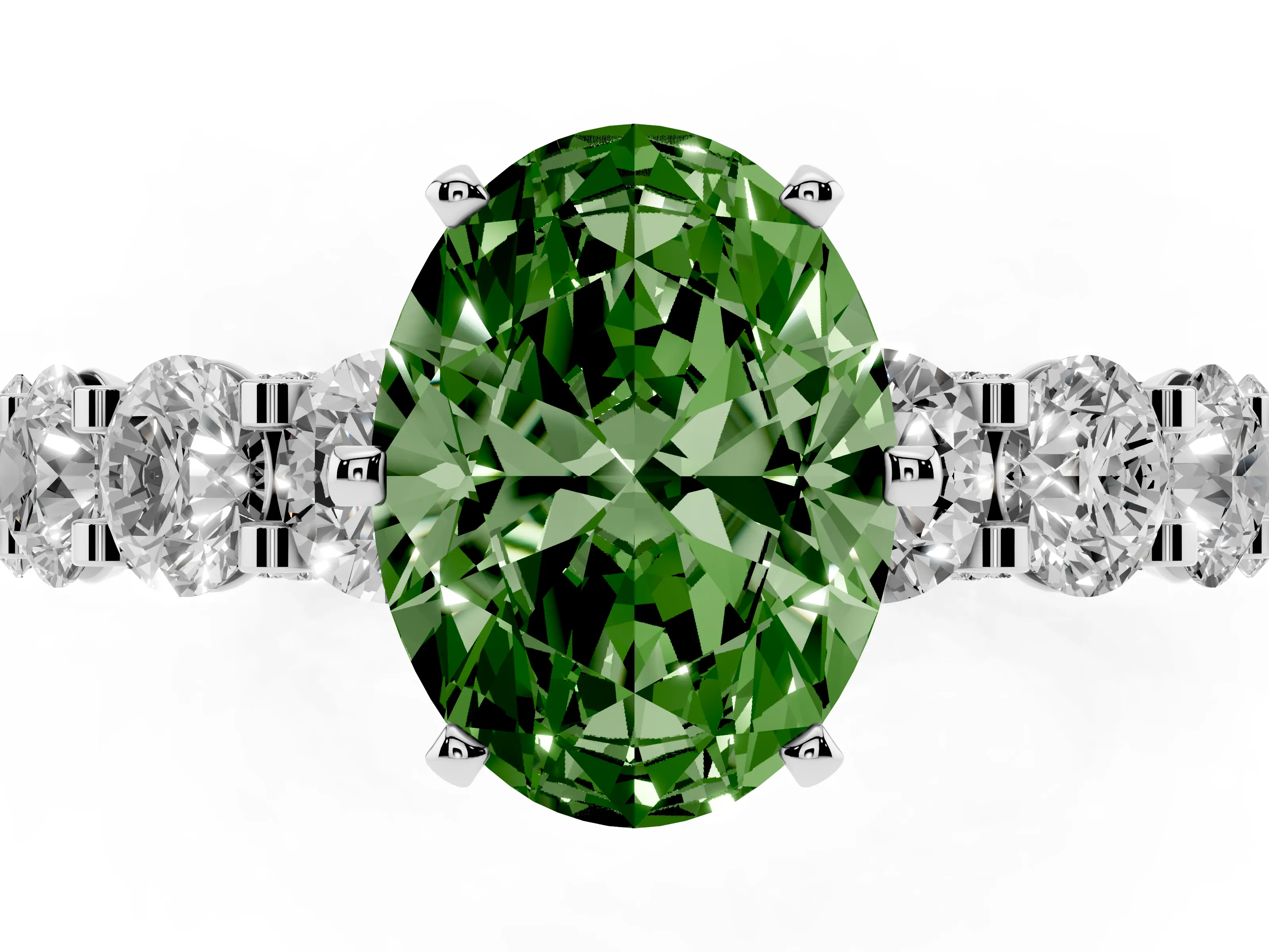 Fancy Green Oval Cut Diamond Side Stone Ring Set in Platinum with Alternating Round and Oval Side Stones
