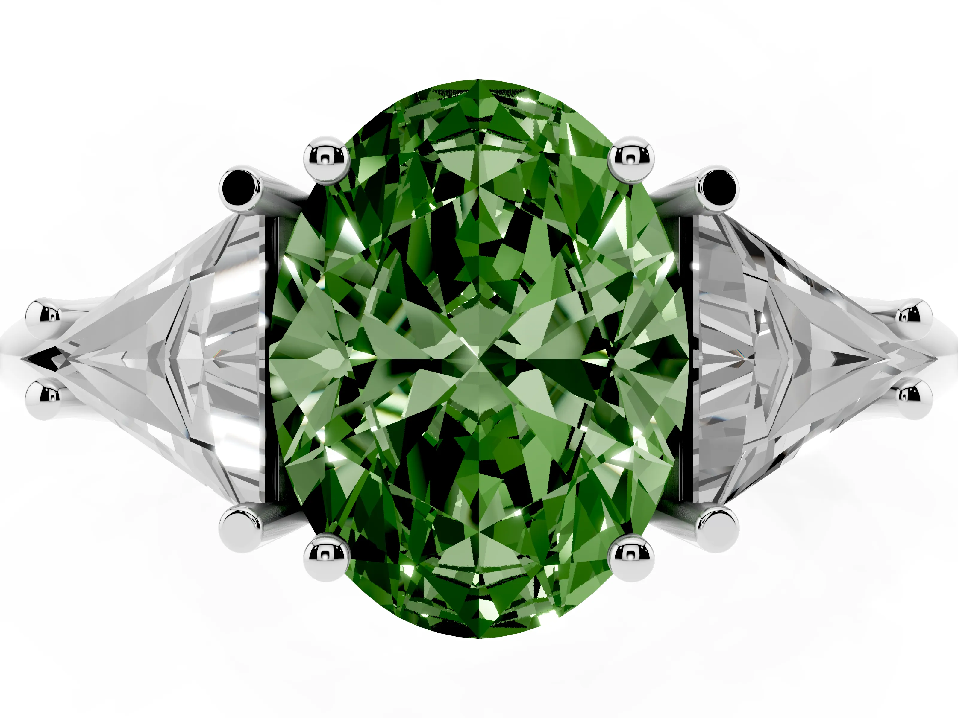 Fancy Green Oval Cut Diamond Three-Stone Engagement Ring Set in Silver with Trillion Side Stones