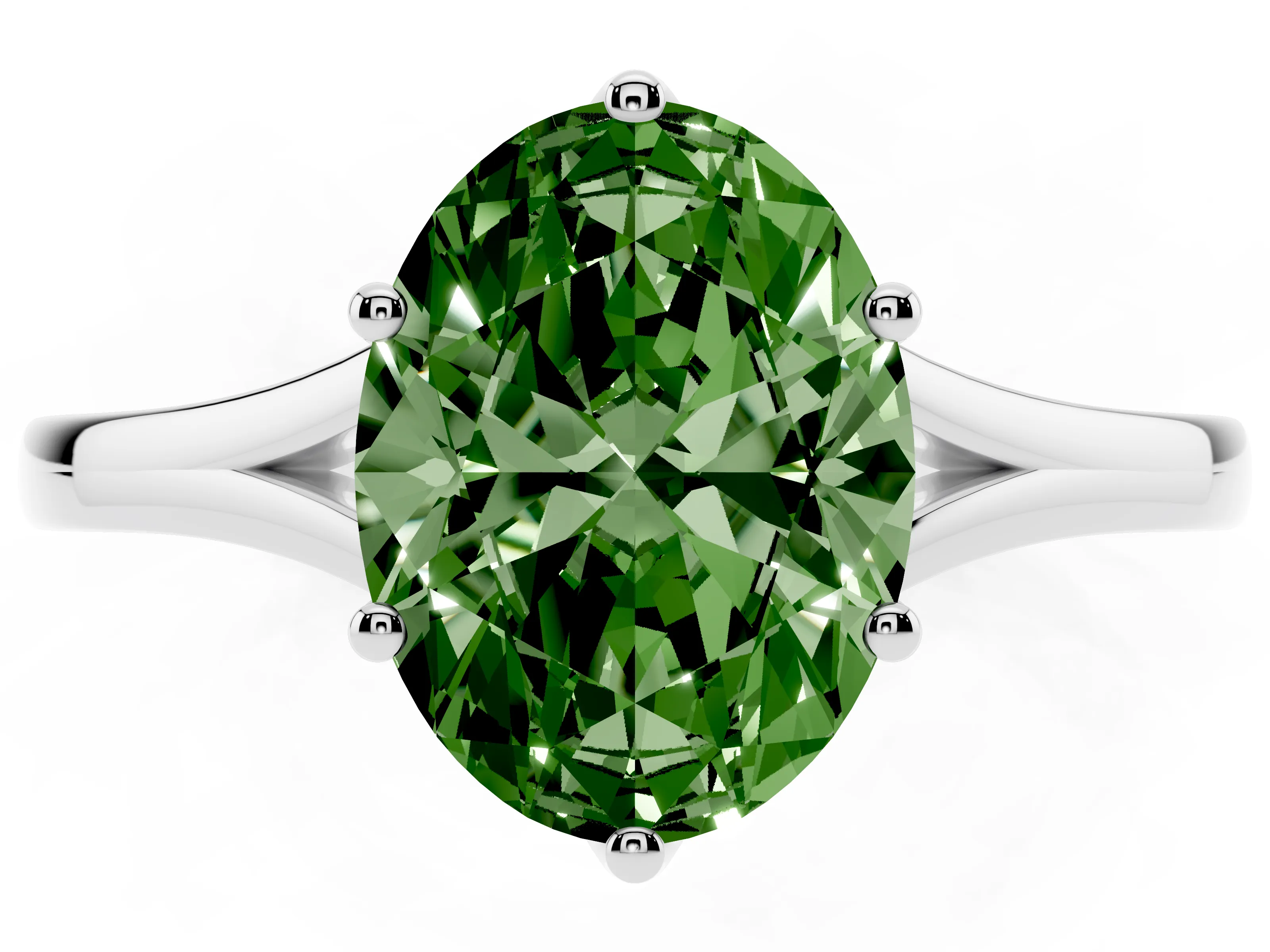 Fancy Green Oval Cut Diamond Solitaire Ring Set in Silver with Polished Tapered Band and Prong Setting