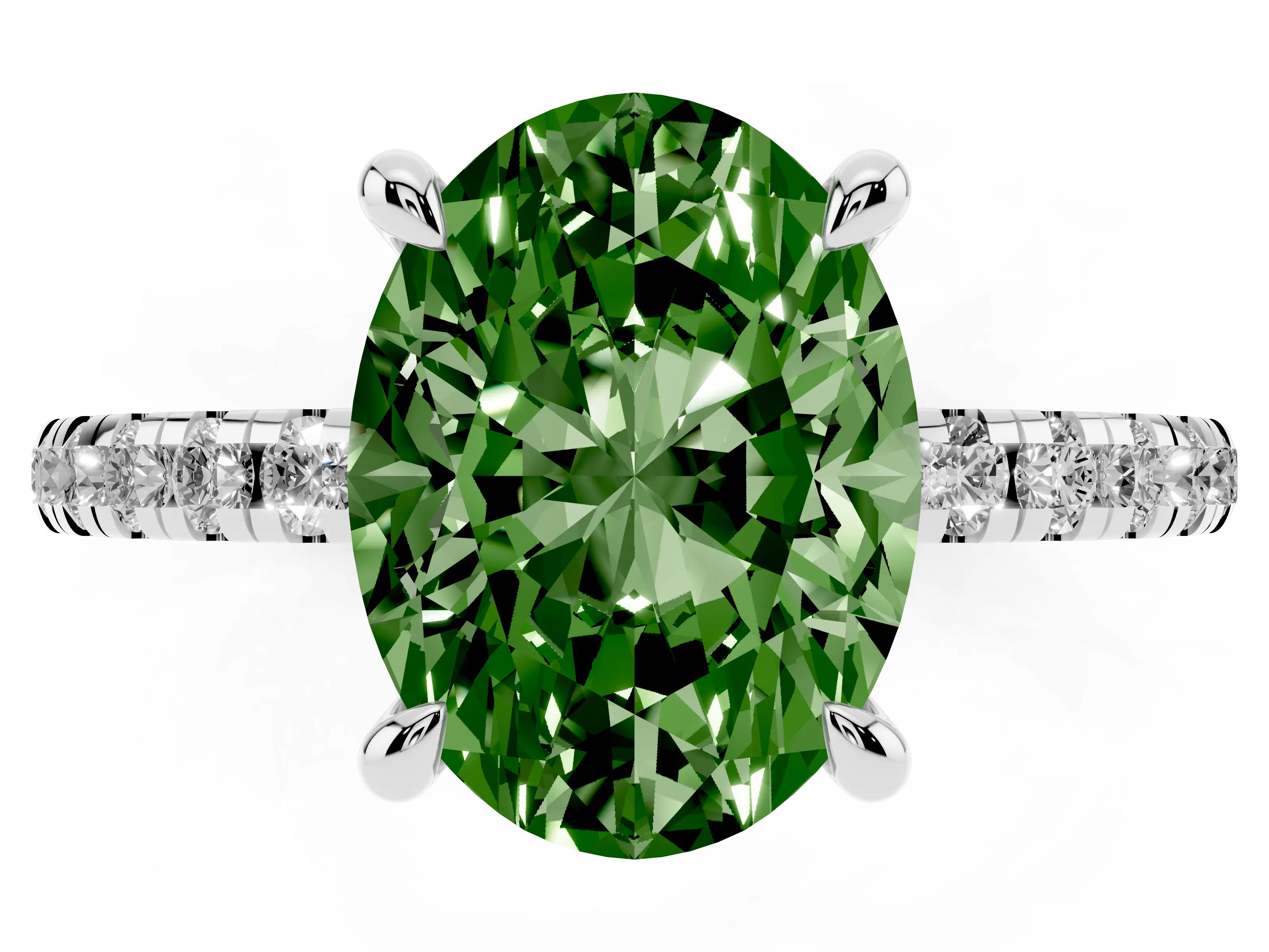 Fancy Green Oval Cut Diamond Brilliant Solitaire Ring Set in White gold with Pavé Band and Prong Setting