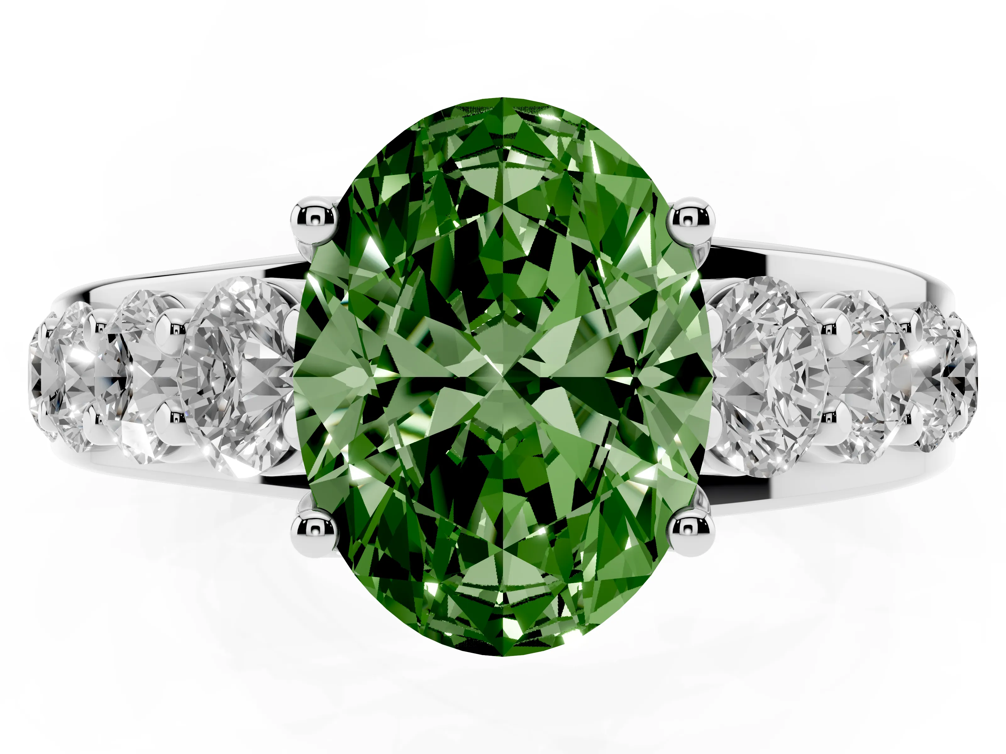Fancy Green Oval Cut Diamond Pavé Engagement Ring Set in Silver with Prong Setting