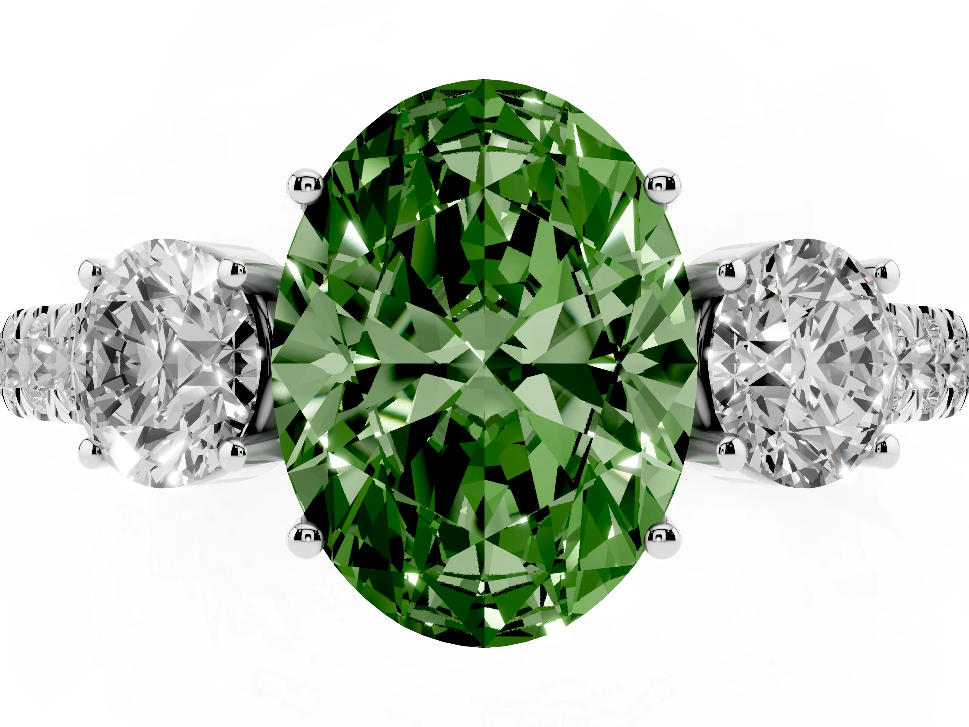 Fancy Green Oval Cut Diamond Three-Stone Ring Set in Silver with Round Side Stones and Delicate Pavé Band