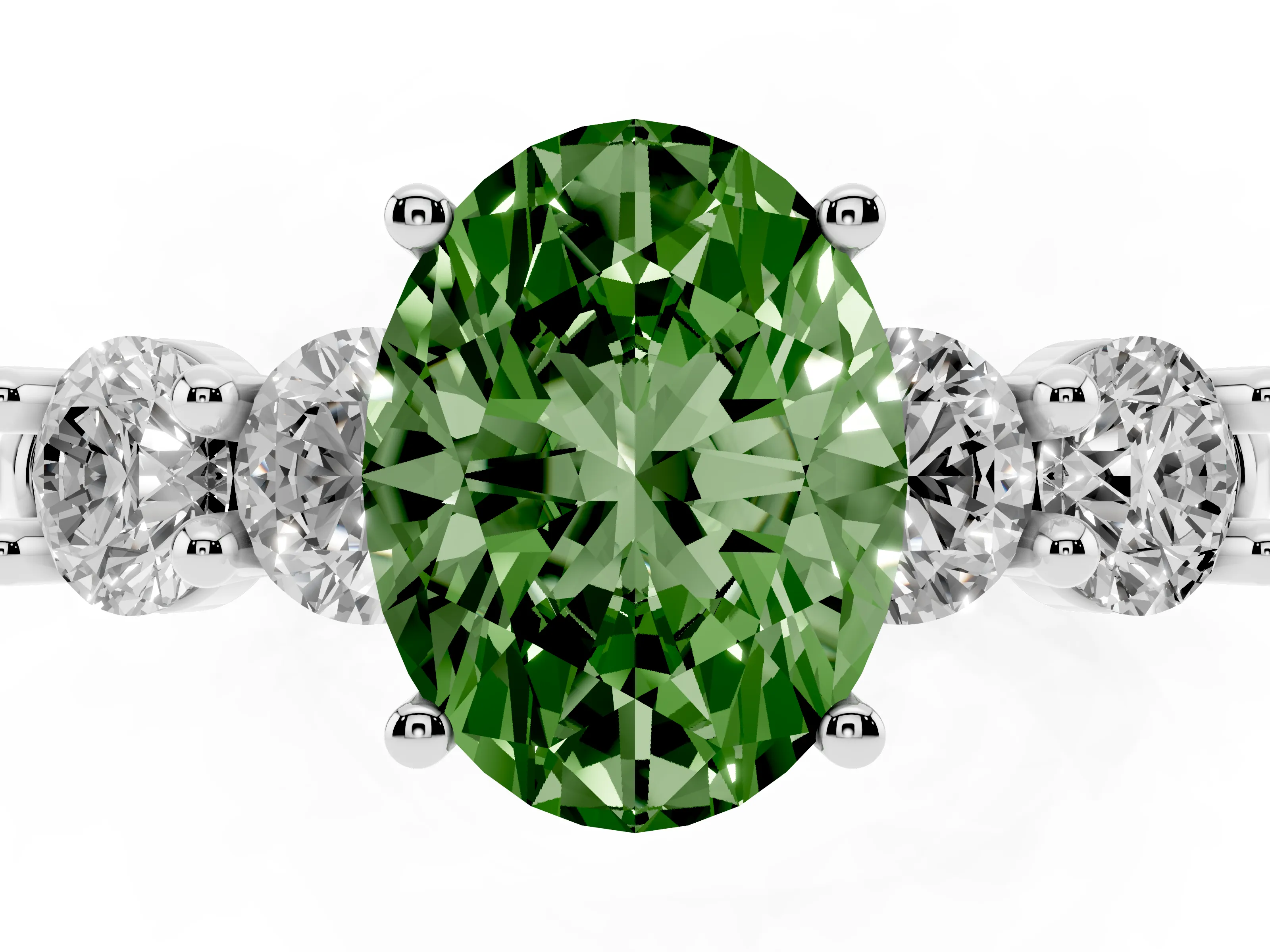 Fancy Green Oval Cut Diamond Five-Stone Prong Set Ring Set in White gold with Classic Band