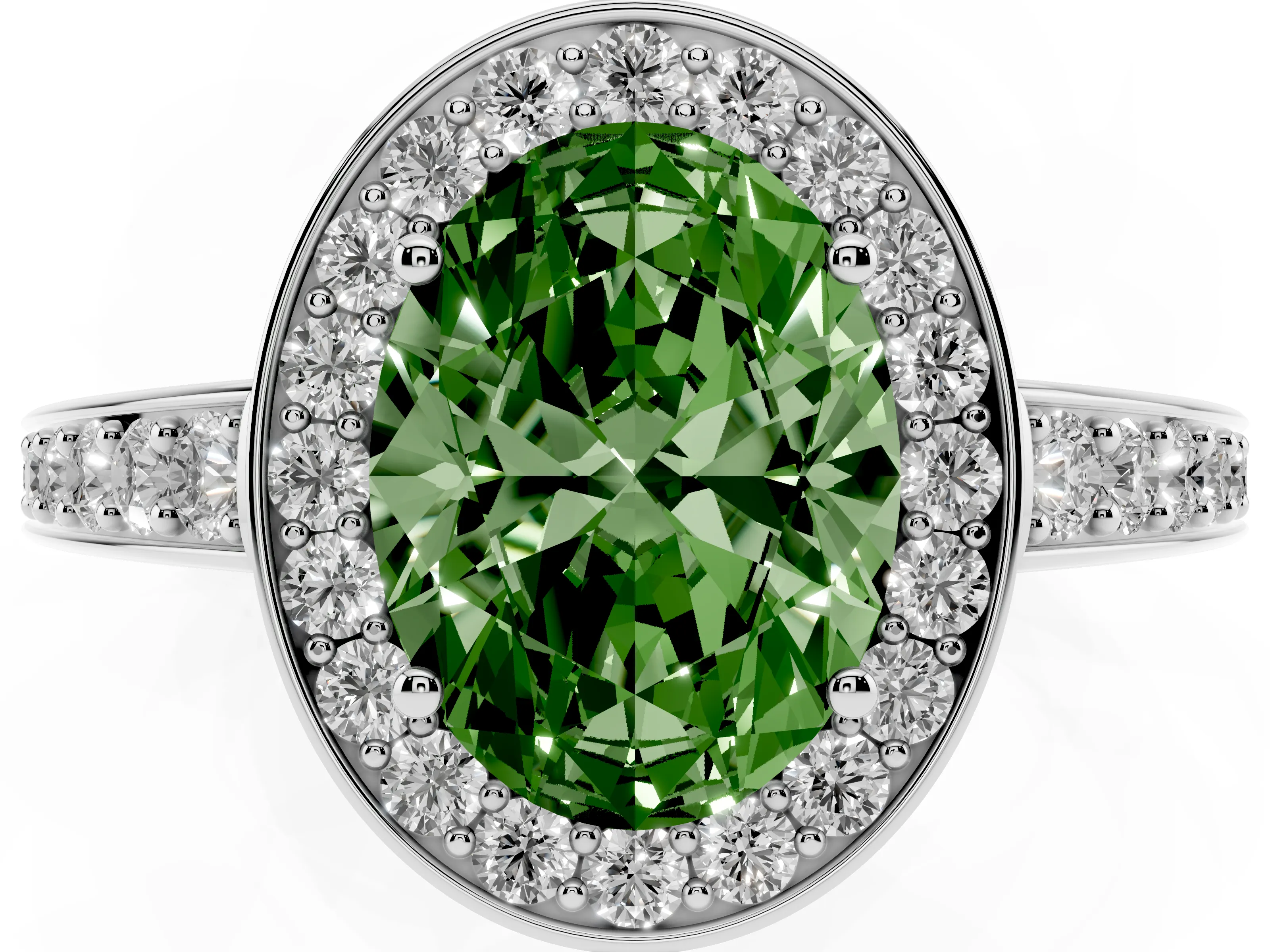 Fancy Green Oval Cut Diamond Halo Pavé Engagement Ring Set in White gold with Bezel Setting
