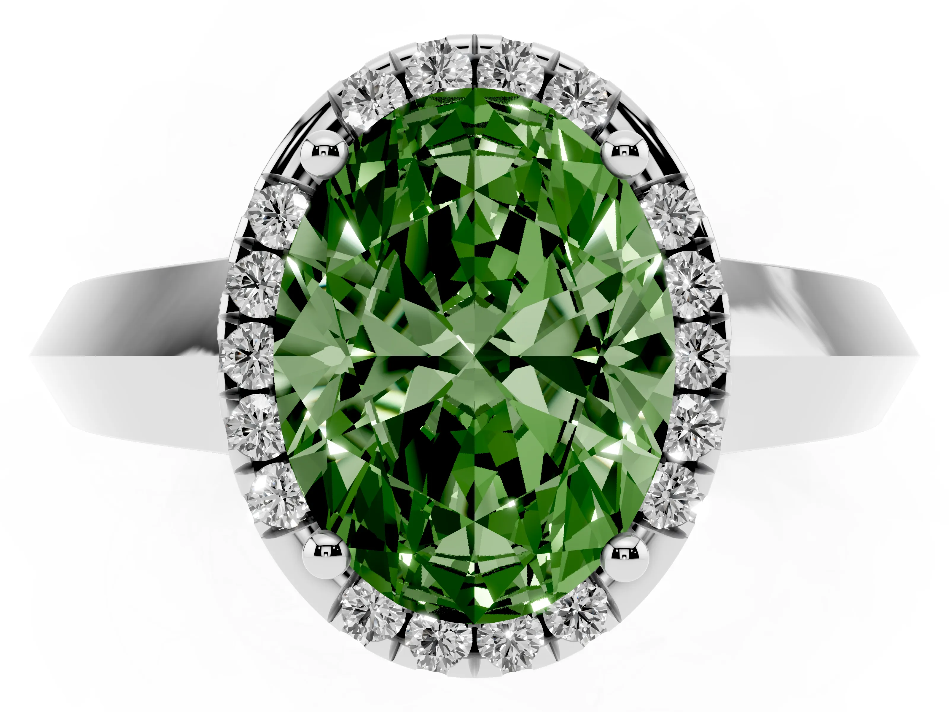 Fancy Green Oval Cut Diamond Halo Ring Set in Silver with Cathedral Band and Prong Setting